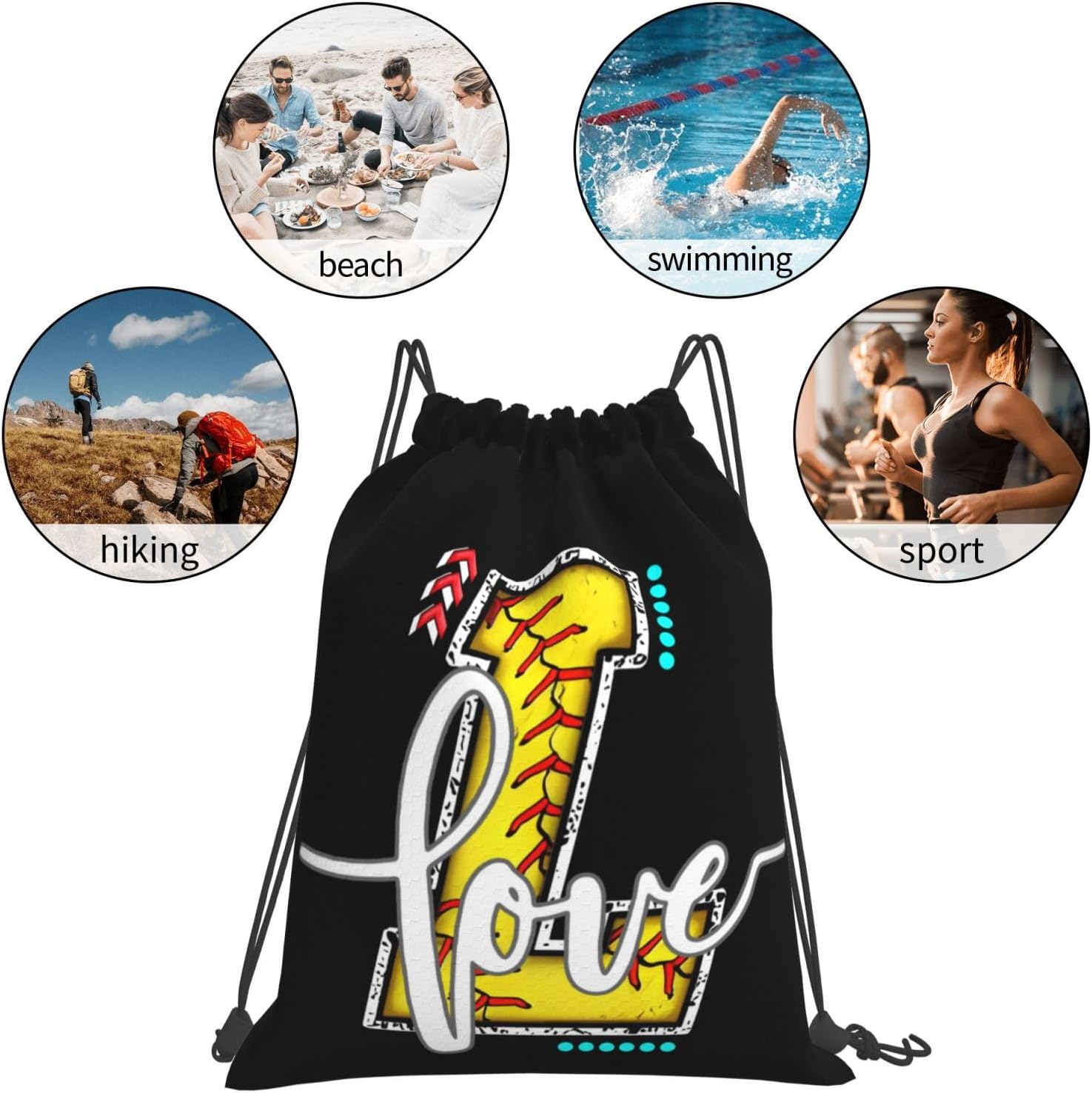 Initials Drawstring Backpack Black Cinch Bags Foldable Sports Gym Sackpack For Men Women (Softball Letter L) - Image 7