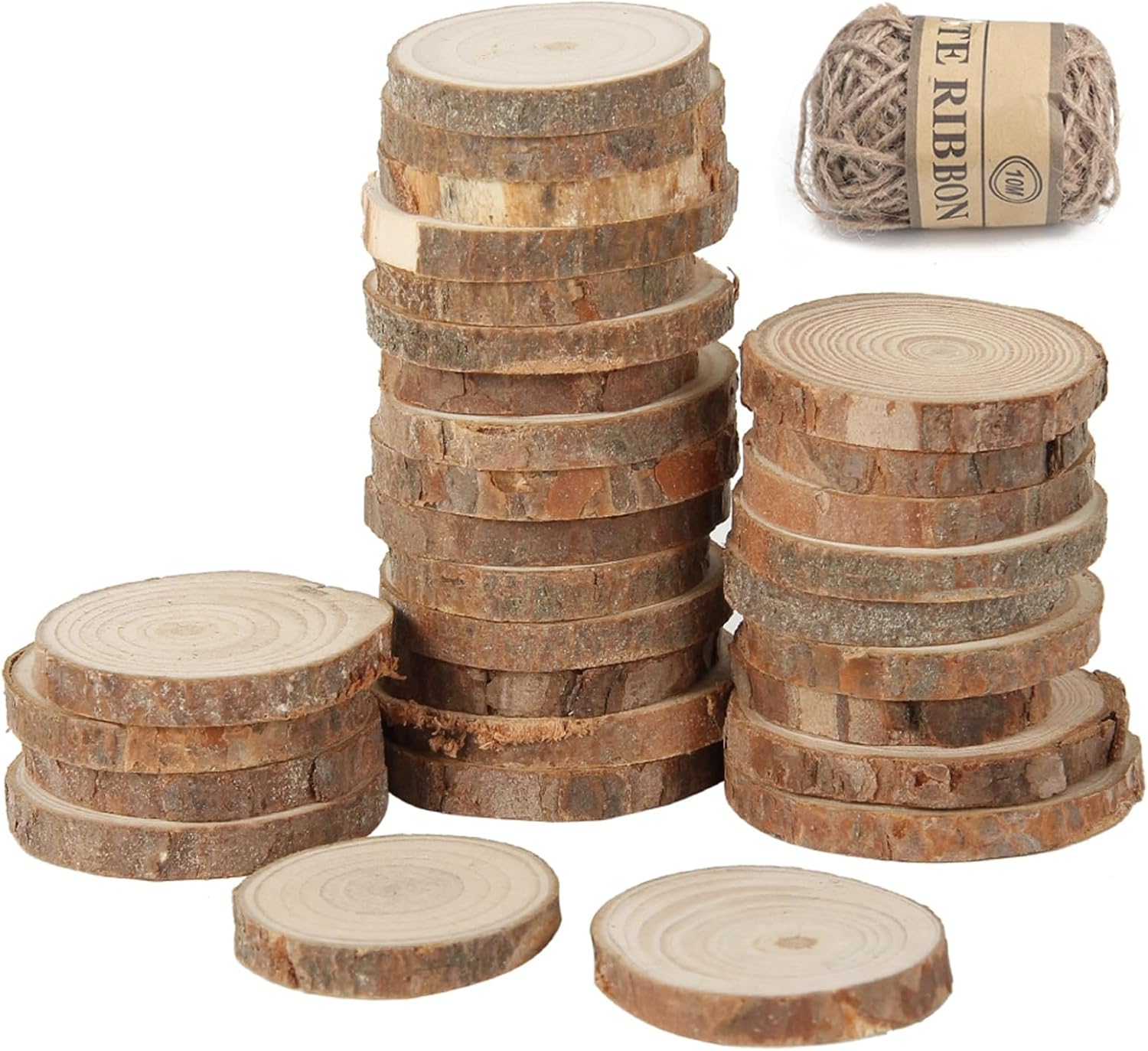 JOHOUSE Natural Wood Slices, 40 Pcs 2.8-3.1 Inches Craft Wood Kit Unfinished Predrilled with Hole for Wooden Crafts DIY Ornaments Wedding Decorations