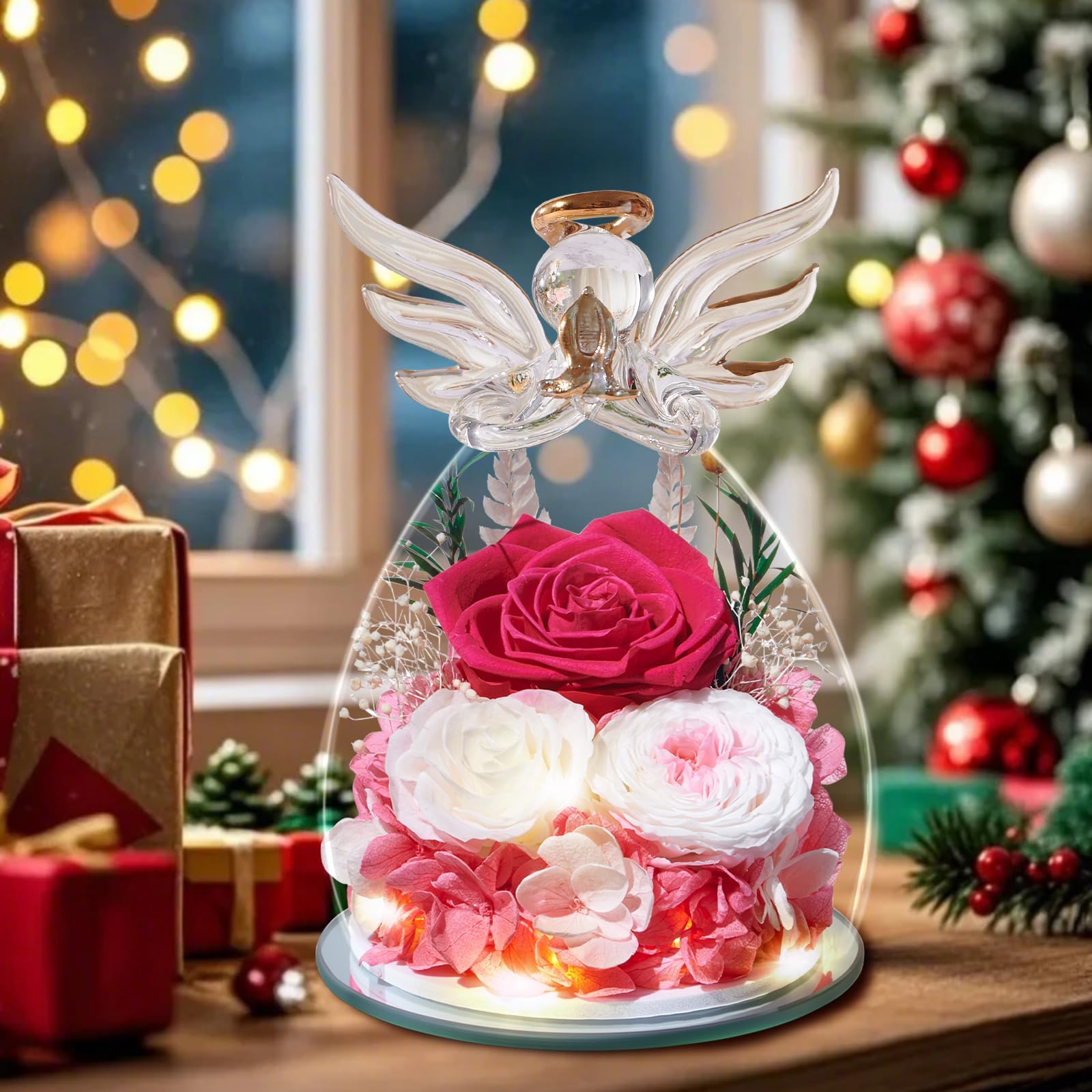 Touloube Festa della Mamma Rosa Stabilizzata Vera Regalo, Regalo Rosa Eterna con Angelo e Luci LED, Regalo Compleanno Anniversario San Valentino per Fidanzata, Moglie, Mamma, Donna, Madre, Nonna