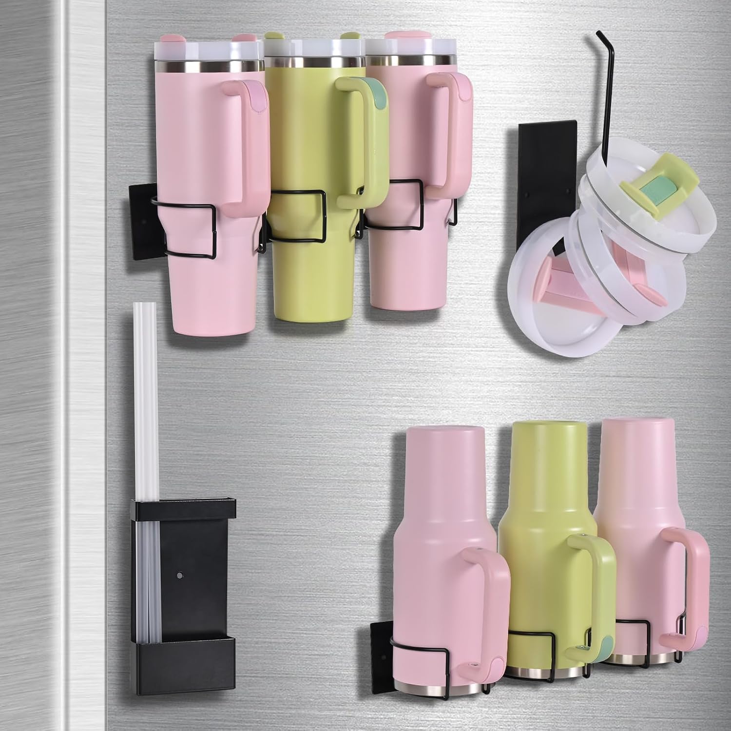 Magnetic Cup Storage Organizer Holder for Stanley 30/40 oz Tumbler,Water Bottle Organizer for Fridge and Wall Mount,4 Pack Set with Lid Organizer, Straw Rack for Stanley Cup Accessories, Gifts Ideal