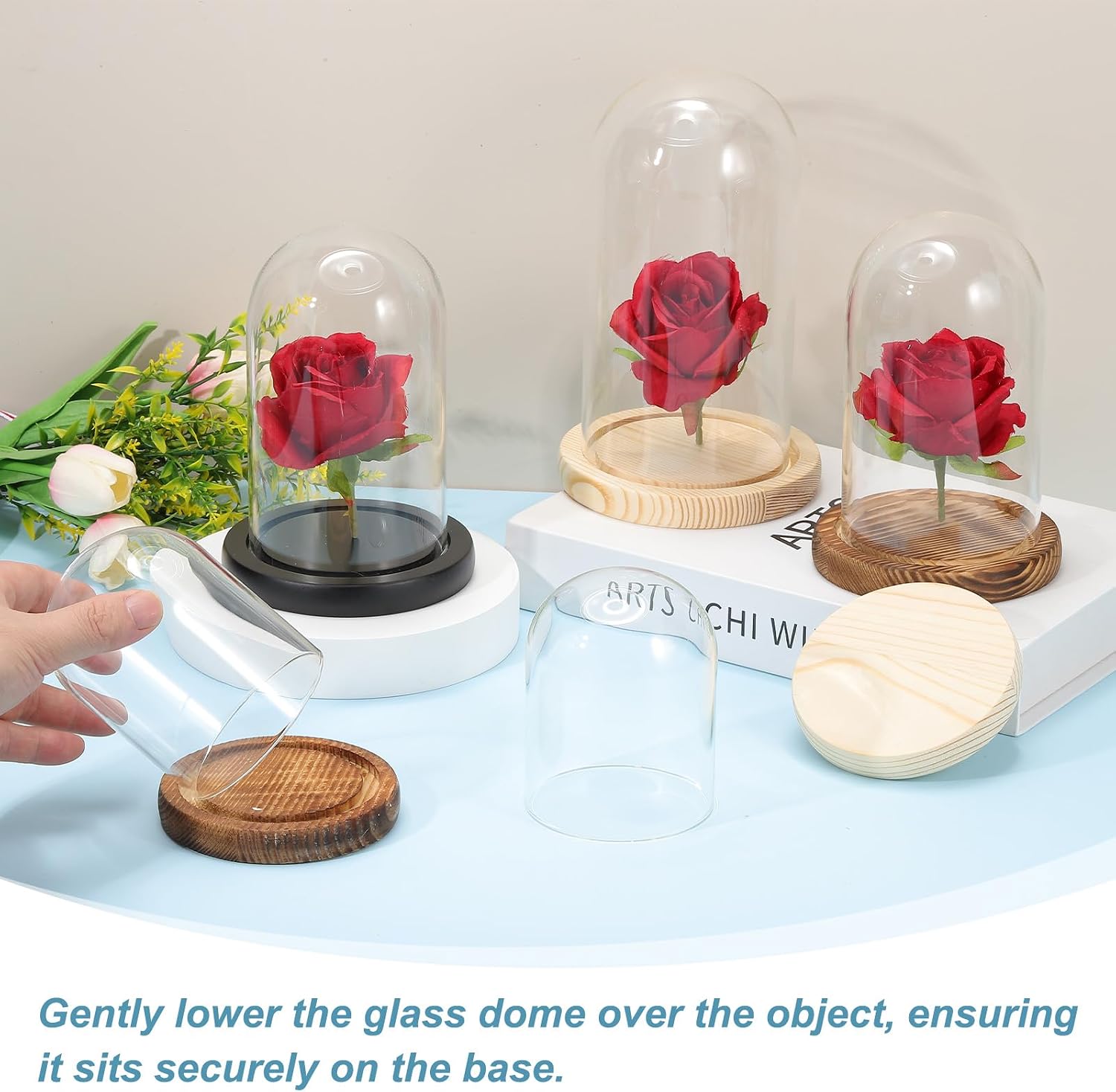 uxcell Glass Cloche Display Dome, 7.8" x 3.5" Glass Dome Display Case Wood Base Tabletop Jar Case Decorative Bell Jar for Plant Home Decor Office Wedding Party, Black image 5
