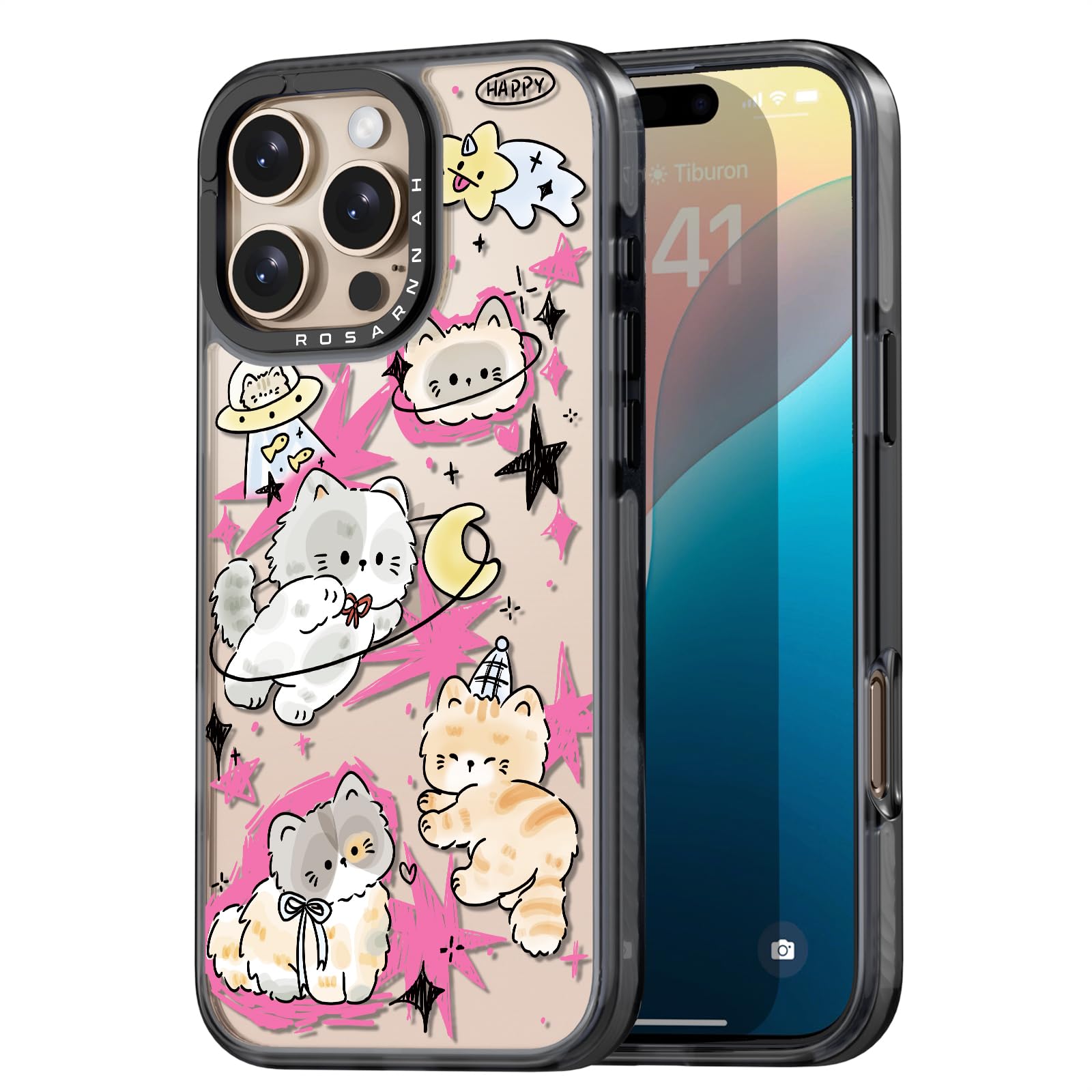 Rosarnnah Compatible for iPhone 16 Case Cute - Durable Shockproof 6.6 ft Drop Impact Phone Case - Black Funny Space Kitty Design for iPhone 16 6.1"