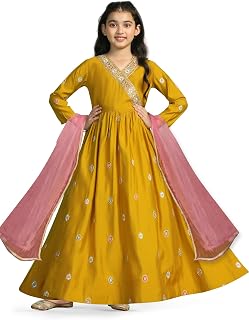 Fashion Dream Girls Chanderi Embroidered Maxi Dress with Dupatta|Ethnic Gown for Kids Price In India