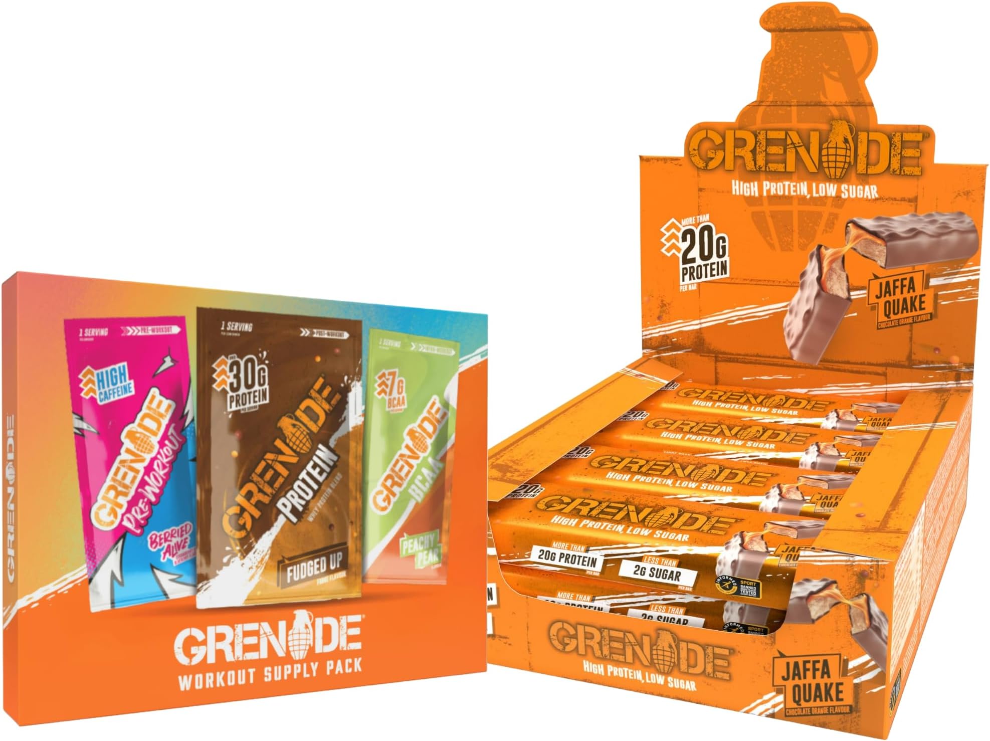 Grenade High Protein, Low Sugar Bar - Jaffa Quake, 12 x 60 g & Grenade Workout Sample Bundle, Single Serving per Supplement Powder