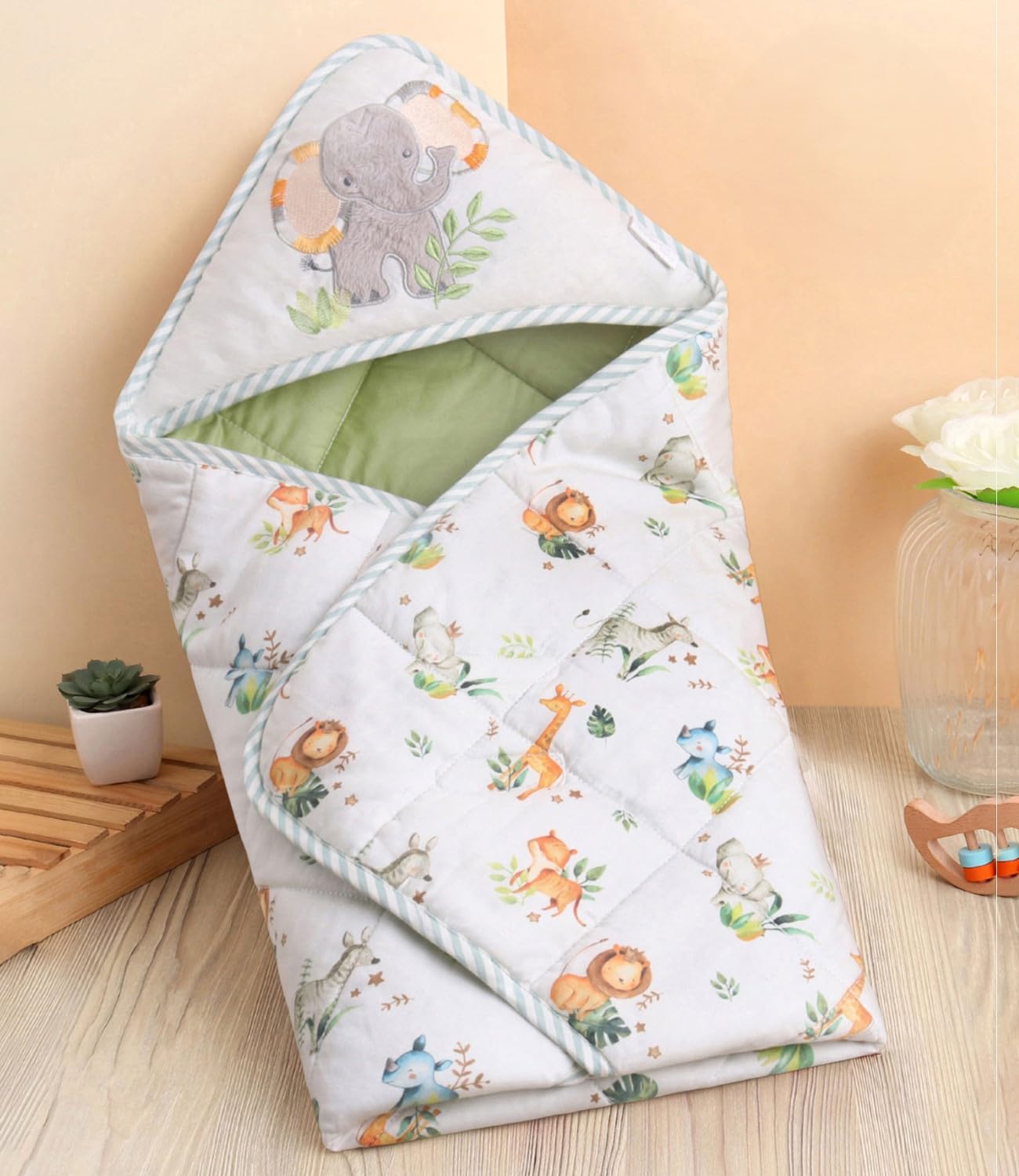 Bonfino Premium Cotton Quilted Hooded Baby Wrapper,Organic Cotton,Soft Breathable Warm Blanket,Newborn Baby Blanket,Travel Friendly,Machine Washable (African Safari Print,Green)-image-28