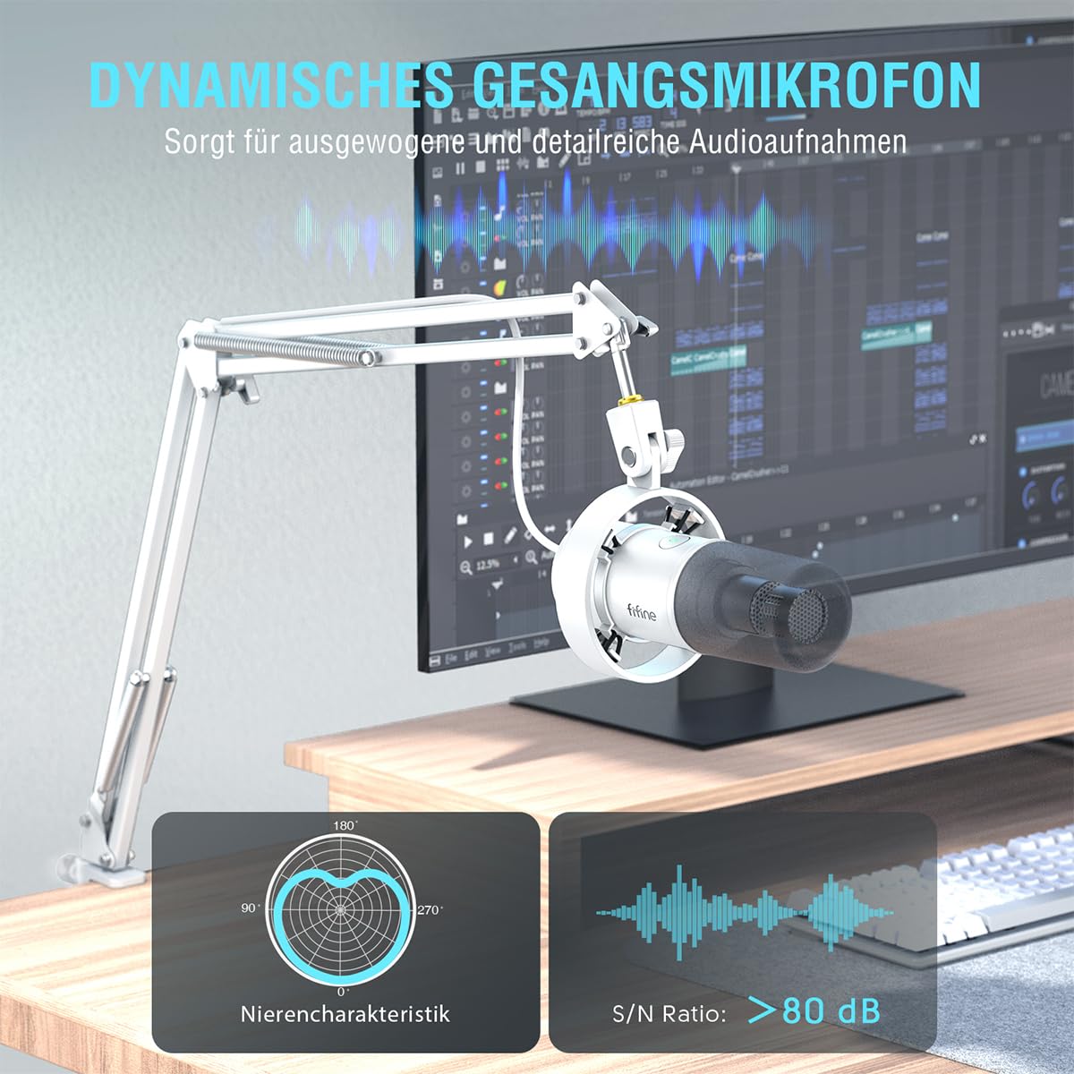 Fifine K688CTW Kit Micrófono Dinámico Podcast Blanco | Con Brazo de Boom, Puertos XLR/USB para PC, Mezclador de Audio. Conector de Auriculares para Grabación Vocal y Música