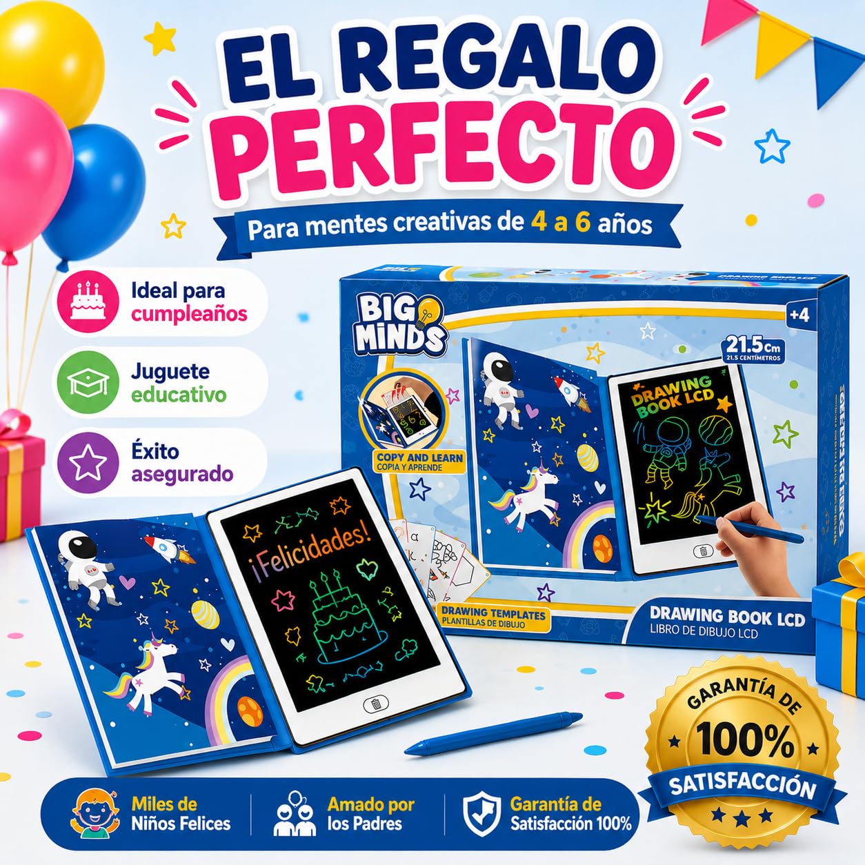 Big Minds - Pizarra Magica Infantil Space Lcd | Tableta Escritura Niños Formato Libro | Pizarra Magnetica Infantil 20 Plantillas Reversibles | Tablet Para Niños Borrable | Regalos 4 Años