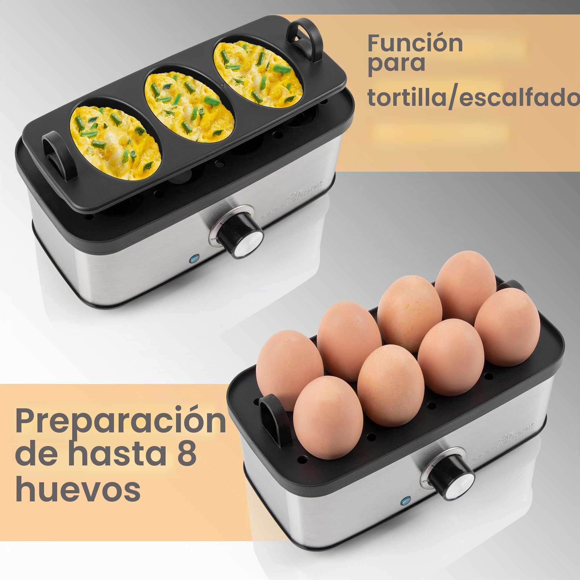 Cocedor de huevos ProfiCook® para hasta 8 huevos | función tortilla/picado | soporte para huevos y vaso medidor con recogedor de huevos | con indicador luminoso y zumbador | PC-EK 1275