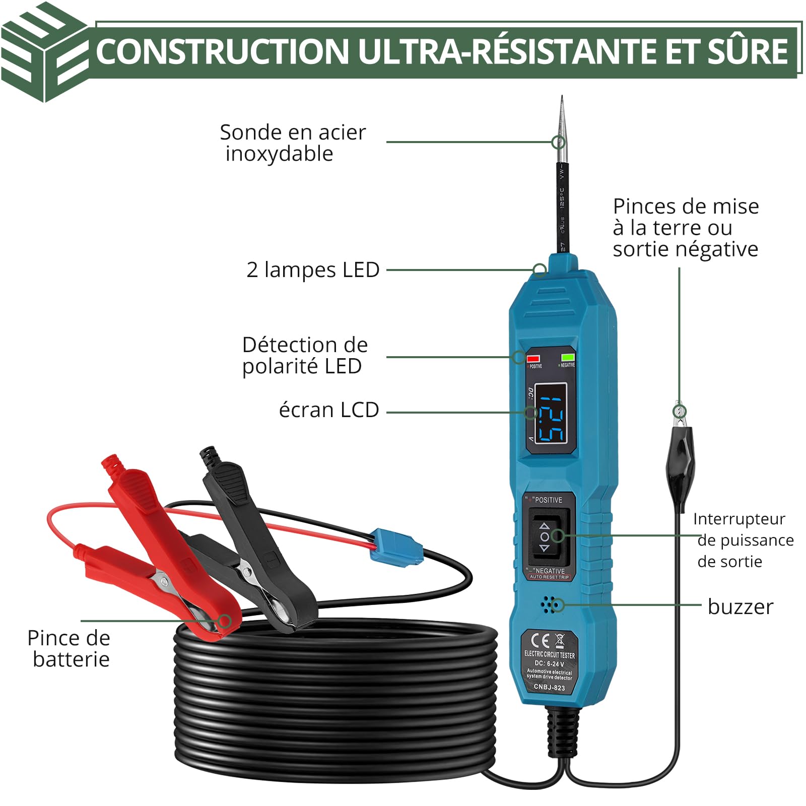 EYPINS Testeur de Circuit Électrique Voiture 6-36V avec Écran LCD et Lampe LED,Détecteur de Tension et Continuité Câbles 4.5m,Protection Surcharge pour Auto Moto Camion Bateau