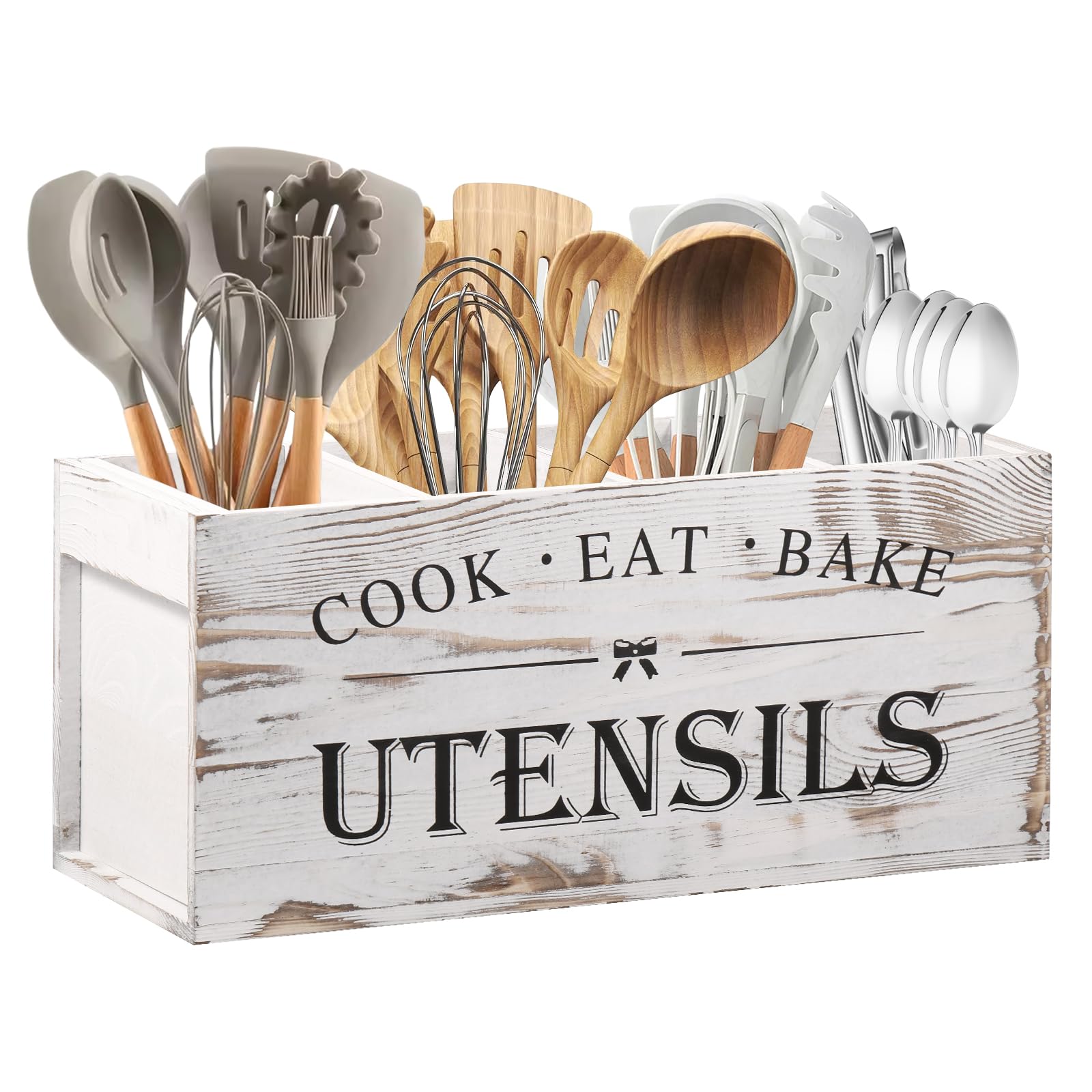 Kitchen Utensils Holder with 4 Compartments, Extra Large Divided Wood Utensil Organizer, Kitchens Cooking Utensils Holder for Kitchen Counter Home Use Farmhouse Decor (White)