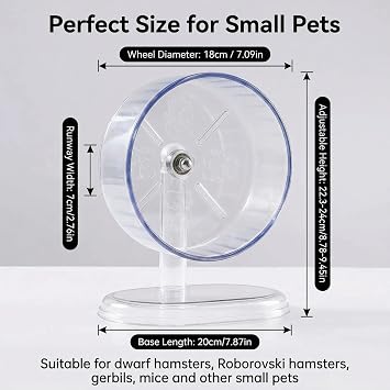 Silent Hamster Exercise Wheel with Adjustable Height Stand 7cm/2.76in Wide Transparent Silent Spinner Running Wheel for Dwarf Hamsters Gerbils Mice and Other Small Pets (Clear)