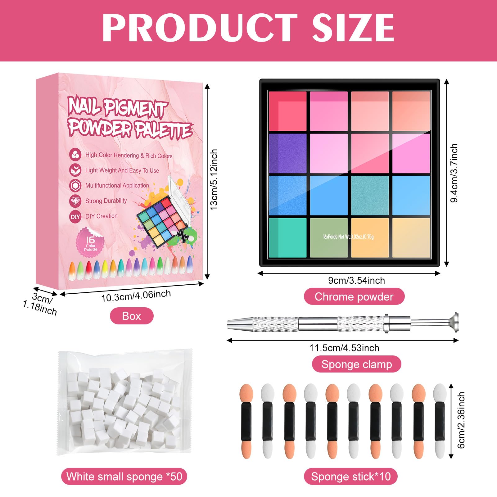 Poudre Chrome Ongle 16 Couleurs, Poudre Ongles Nail Art, Poudreongle Kit Inclus Pigment poudre, 50 Eponge ongles, 10 Bâton éponge, 1 Pince à épiler, Manucure Facile à créer