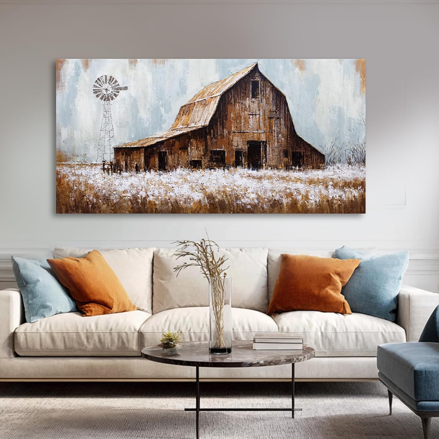 YLLTIEM Farmhouse Barn Wall Art 29x58 Inch, Rustic Country Canvas Print, Large Blue Brown Landscape Artwork, Vintage Rural Picture Decor for Living Room Bedroom Office