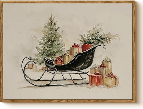 Arte de pared con trineo, árbol navideño y cajas de regalo, 12 x 16 pulgadas, lienzo enmarcado de Navidad, cuadro rústico festivo, obra de arte de
