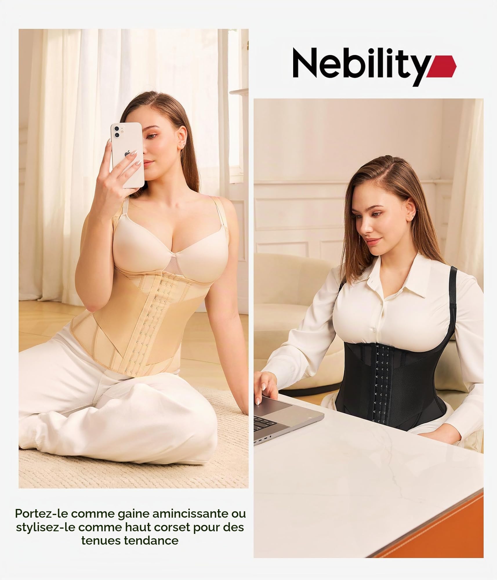 Nebility Femme Gaine Amincissante Ventre Plat Invisible Corset Minceur Waist Trainer Serre Taille Body Gainant Femme Ventre Plat Ceinture Post Accouchement