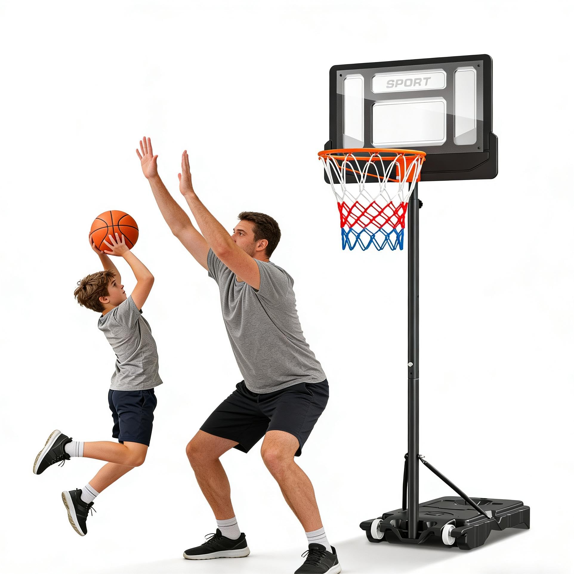 Basketballkorb Outdoor für Kinder, Höhenverstellbar Basketballständer mit 76x50cm Rückwand, Rollen, Ständer, Tragbare Basketballkörbe für Jugendliche Erwachsene im Hinterhof