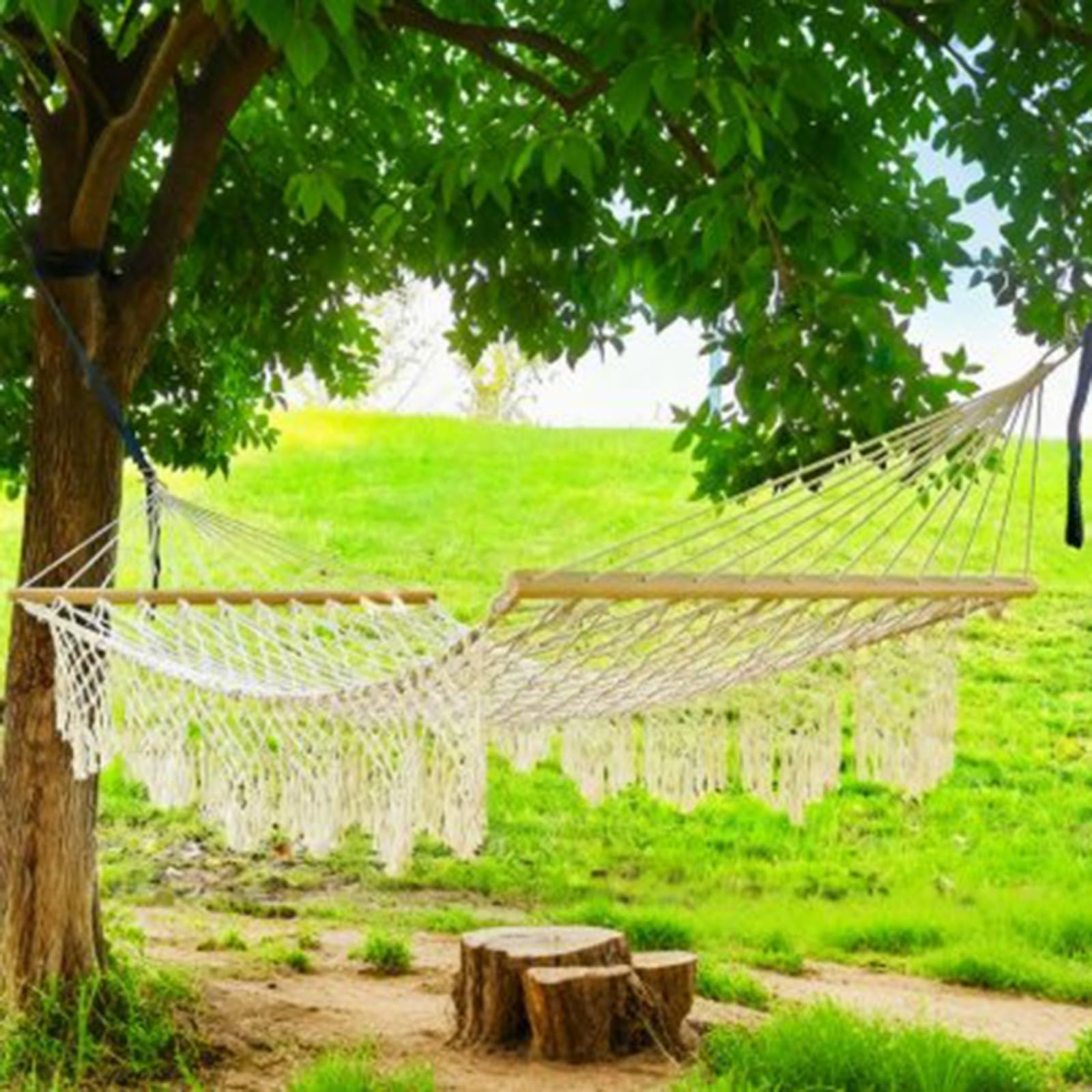 Cama colgante doble con cuerda de algodón suave y barras separadoras de madera dura, tumbona de 10 pies para jardín y patio, color blanco (borla)