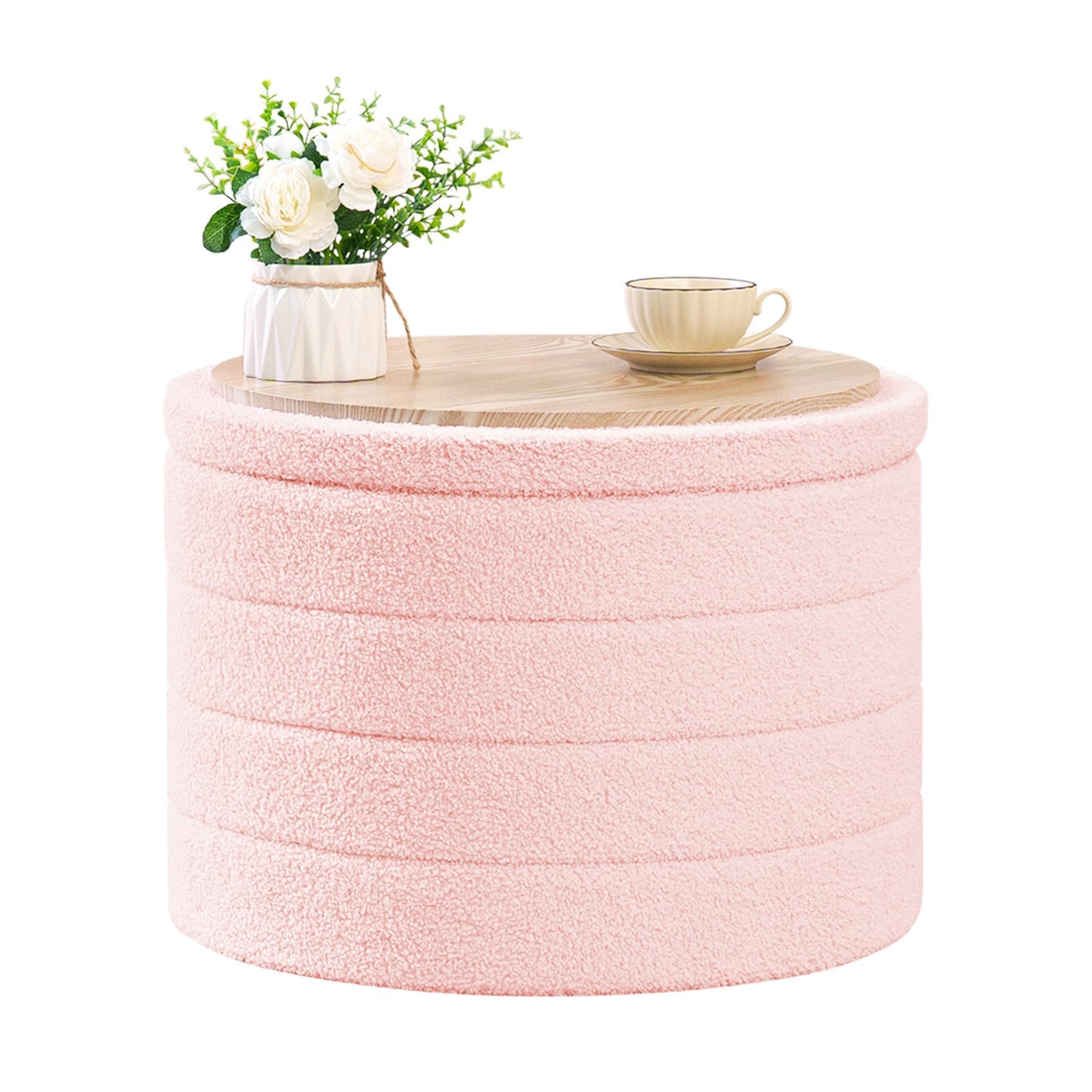 Bonlife Extra Large Folding Round Ottoman with Storage,Boucle Ottoman Stool, Footstool Seat Coffee Table,Toy Box Storage,Footrest Stool for Living Room,Bedroom,Pink,56x56x40cm