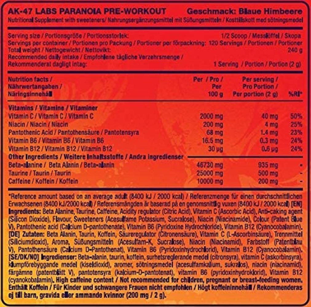 AK-47 Labs PARANOIA - Pre-Workout Booster Trainingsbooster Fitness Bodybuilding - 240 g (Fruit Punch-Fruchtmix)