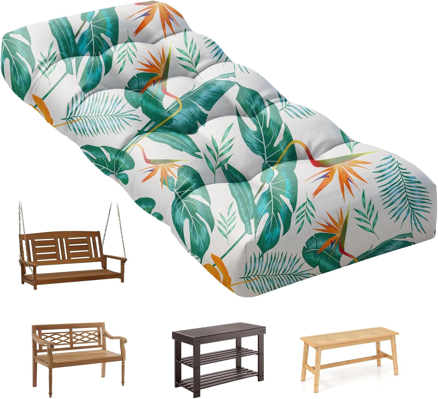 Outdoor Bench Cushion, Waterproof Bench Cushion for Indoor/Outdoor Furniture, Tufted Patio Bench Cushion with Ties, Fade Resistant Bench Cushions for Window Seat, Swing Couch, 41x20 inches, Blue Leaf