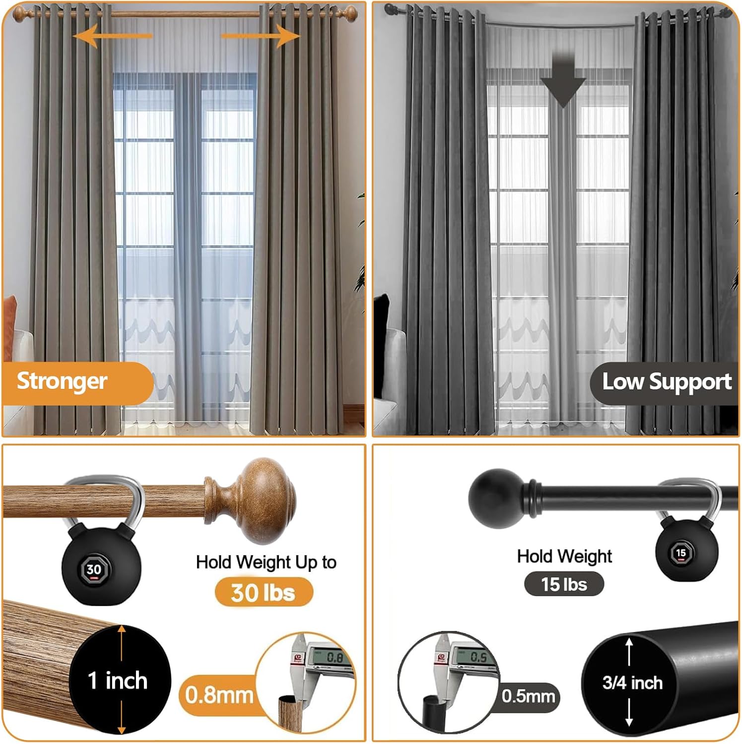 Wood Curtain Rods for Windows 72 to 144 Inch(6-12ft),1 Inch Heavy Duty Curtain Rod with Imitation Wood Grain Finials, Boho Adjustable Drapery Rods of Window Treatment