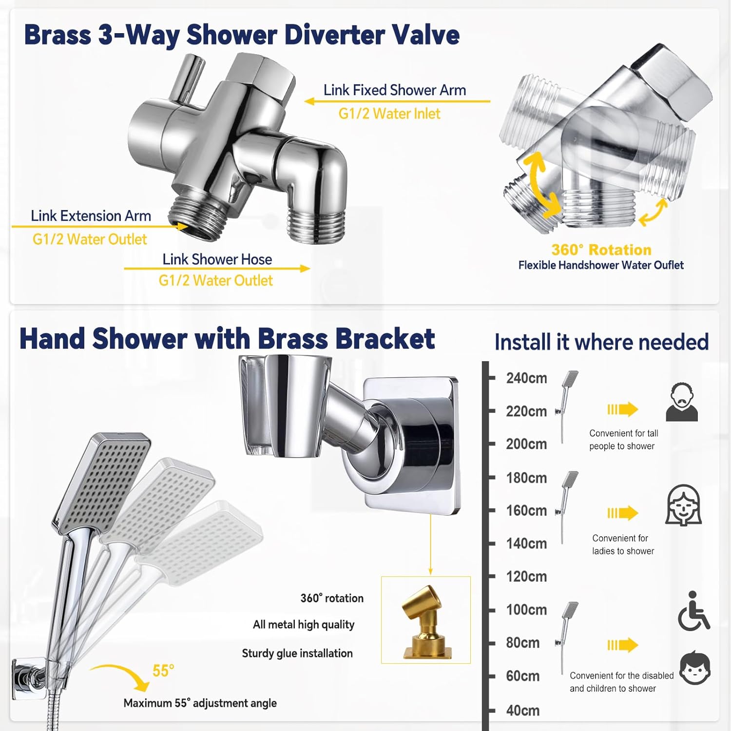 YDmeet 12 Inch Shower Head with Handheld Spray Combo- Rain Shower Head with Handheld- Stainless Steel Height Adjustable 12" Extension Arm with 3 Setting Diverter Extra Long Shower Hose- Chrome