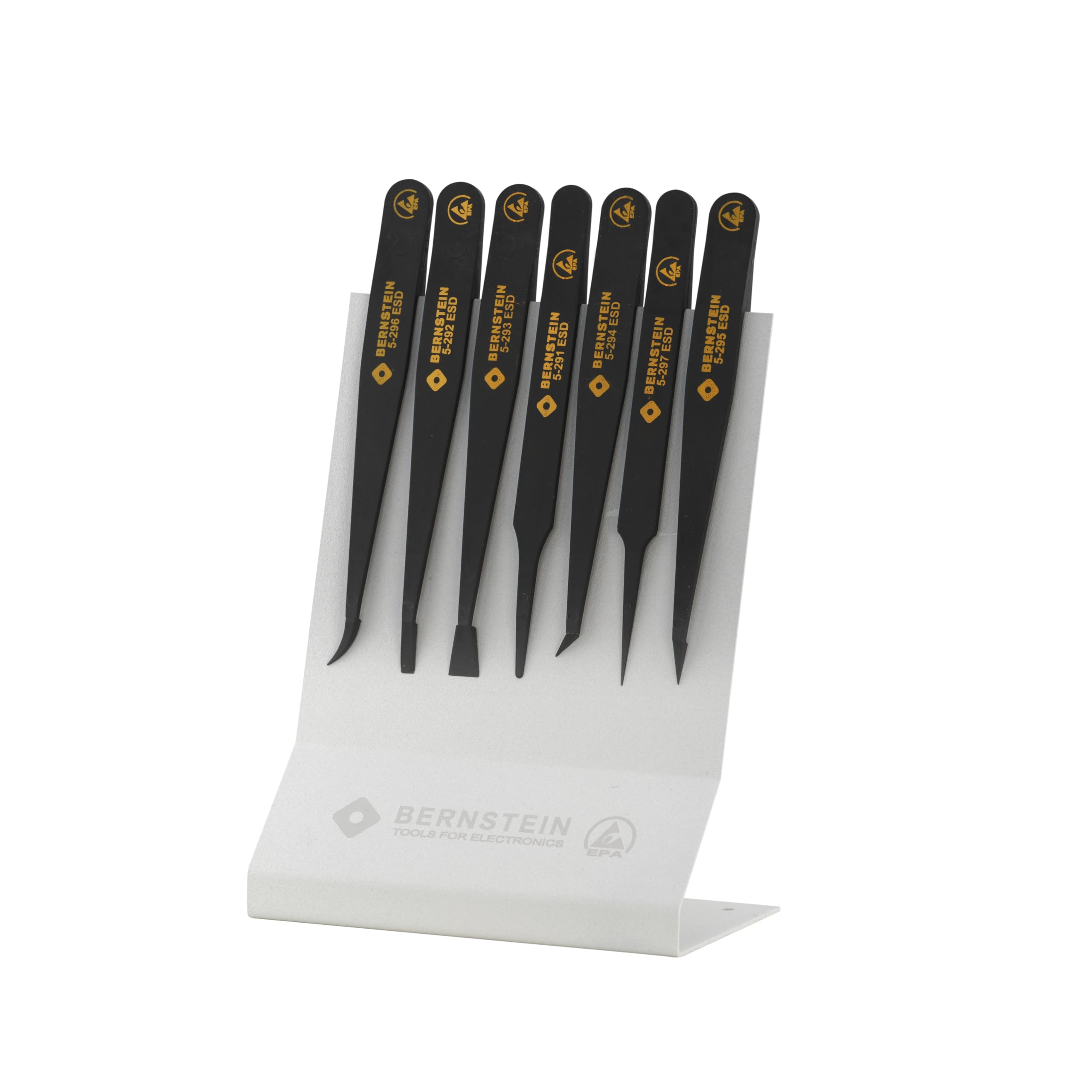 BERNSTEIN ESD Tweezers Set 7 Pieces - Antistatic Plastic, Precision Tweezers for Electronics & Laboratory Applications with Holder, Tip Tweezers