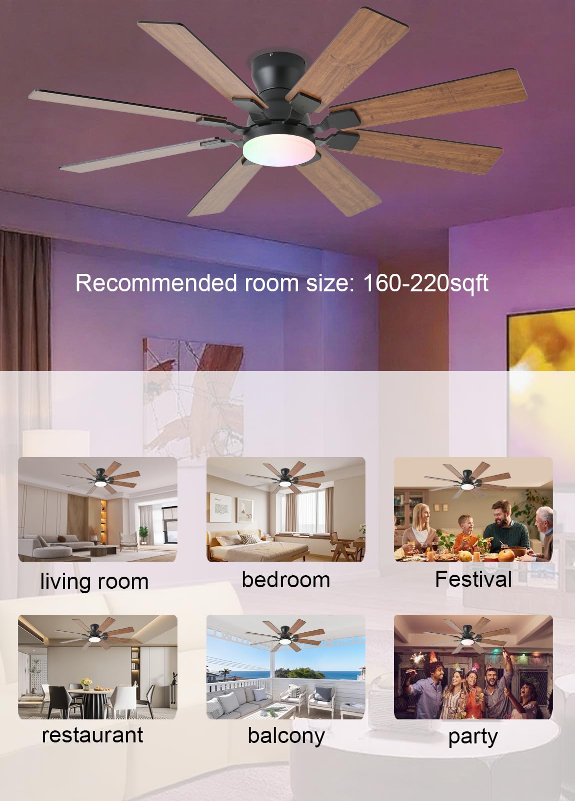 52 inch Ceiling Fan with Light 6 Speeds Reversible Low Profile Ceiling Fan with Light and Remote APP — view 9