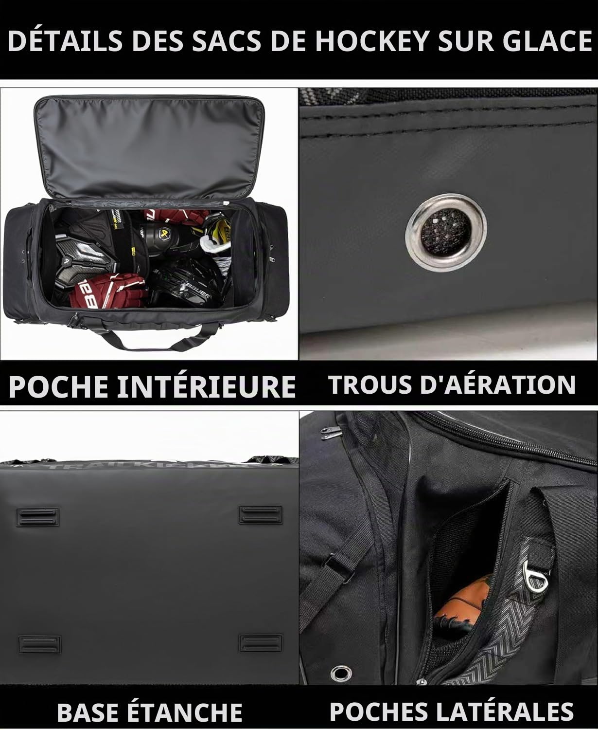 TRAILKICKER Sac de hockey – Sac à dos de hockey extra large – Peut contenir tout l'équipement de hockey ou de hockey sur gazon – Deux supports de bâtons et un compartiment séparé pour crampons – Noir