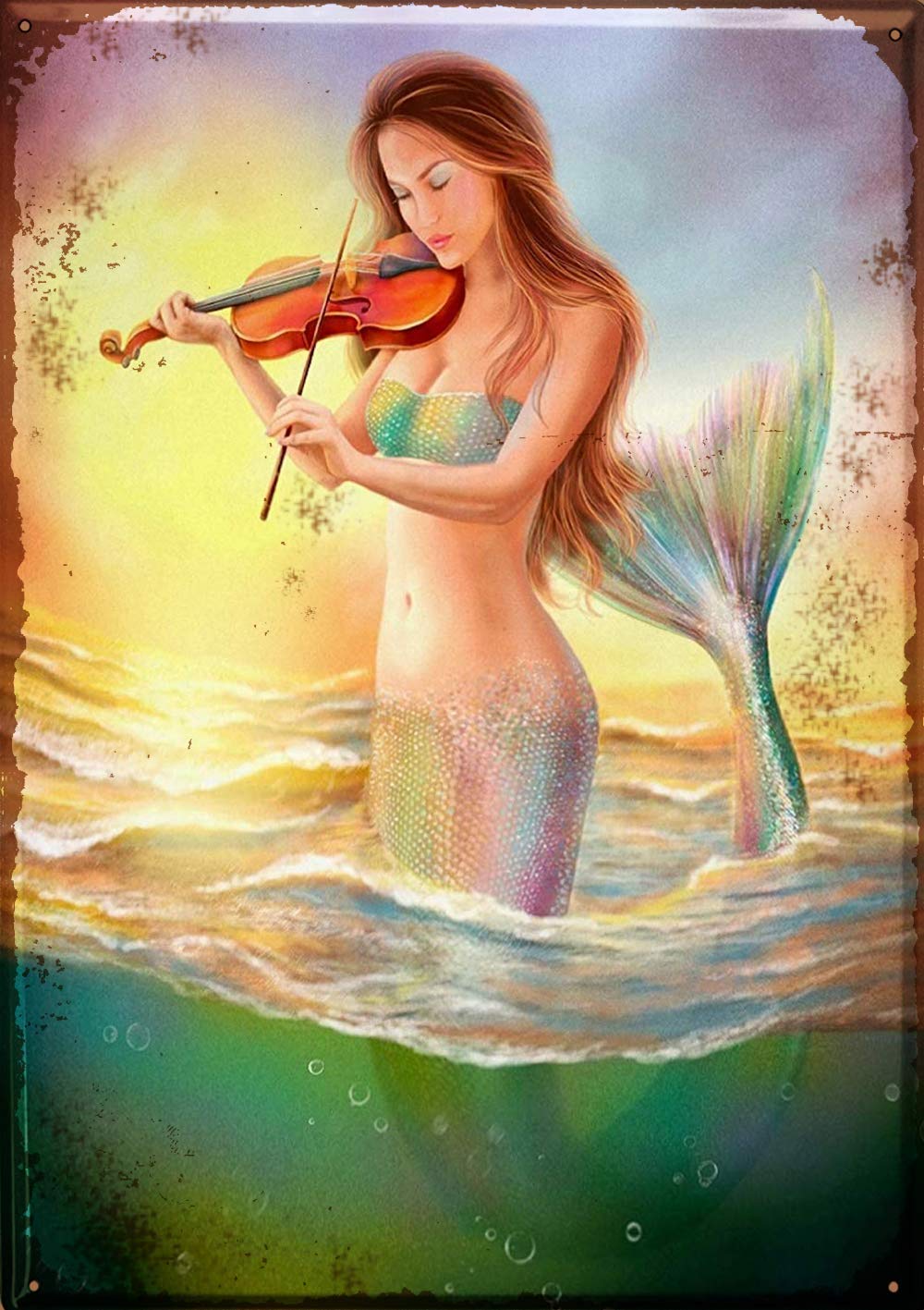 Unique Wall Decor Metal Poster Wall Plaque 12x16in,Fantasy Motif Violin Mermaid,Metal Wall Sign Plaque Vintage Retro Signs Art Picture