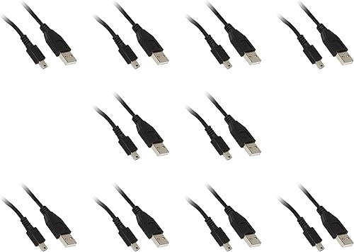 Cable mini USB 2.0, negro, tipo A macho a macho Mini-B de 5 pines, 6 pies - Paquete de 10