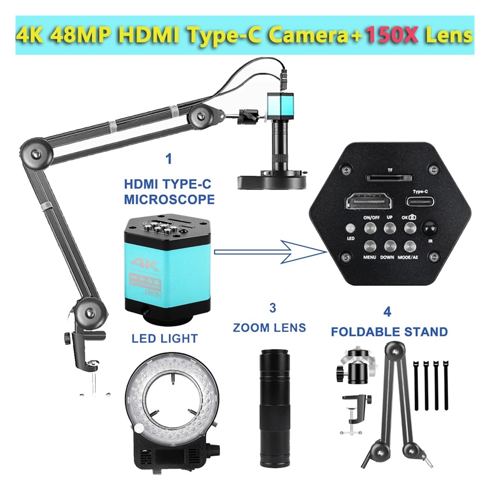 4K 2K Full HD Digital Microscope 1080P 60FPS USB VGA Microscope Camera 150X Industrial Microscope Updated Stand(B Set Upgrade 150X)
