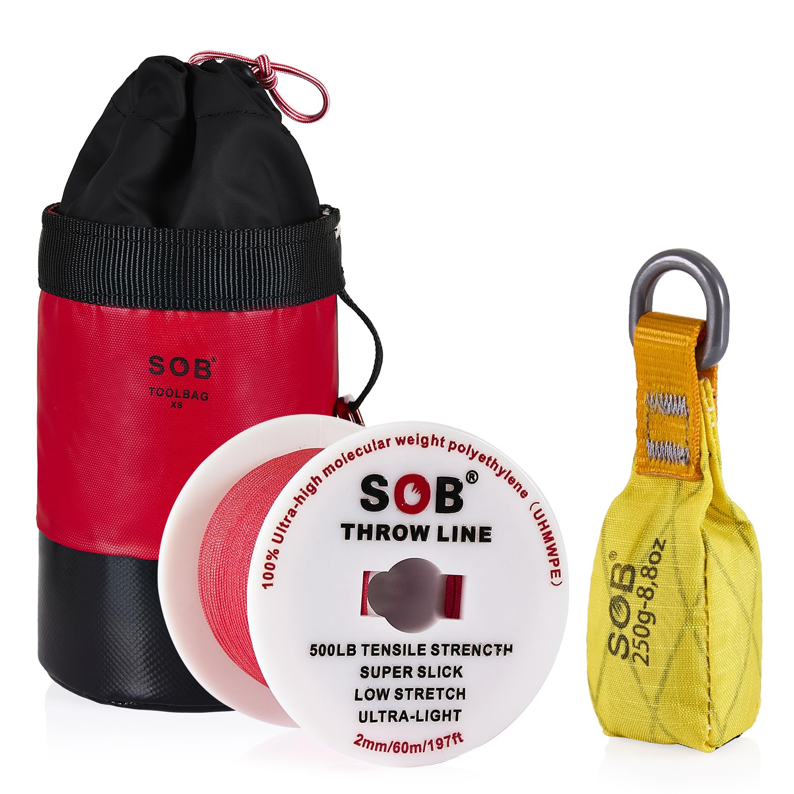 SOB Kit Arboriste avec Corde Glissante 60m, Poids & Sac Réfléchissant - Idéal Taille d’Arbres, Camping, Élagage (Yellow, 60m Rope-250g)