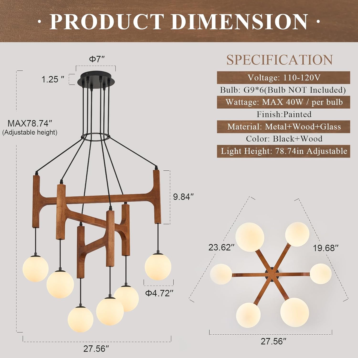 Farmhouse L28 '' Wooden Chandeliers with Milk Glass Globes Lampshades, Rustic Unique Mid Century Long 6-Light Pendant Chandelier for Living Dining Room Entryway Bedroom Kitchen,G9,Wood Stained Walnut