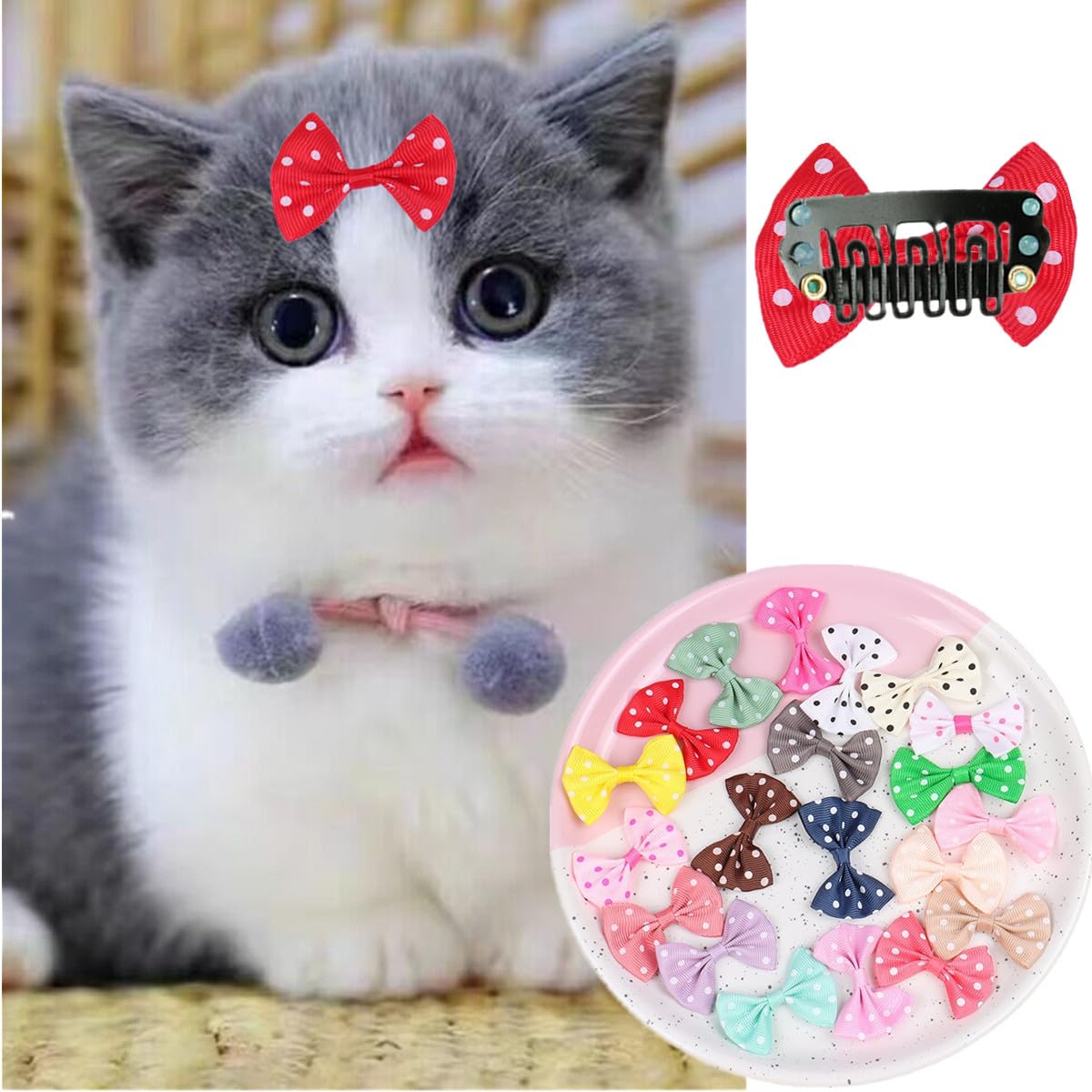 40pcs(20pairs) cats hair accessories bow,small hair accessories dot bow,bowkont with clip hairpin barrettes hair accessories for shorts dogs cats pets