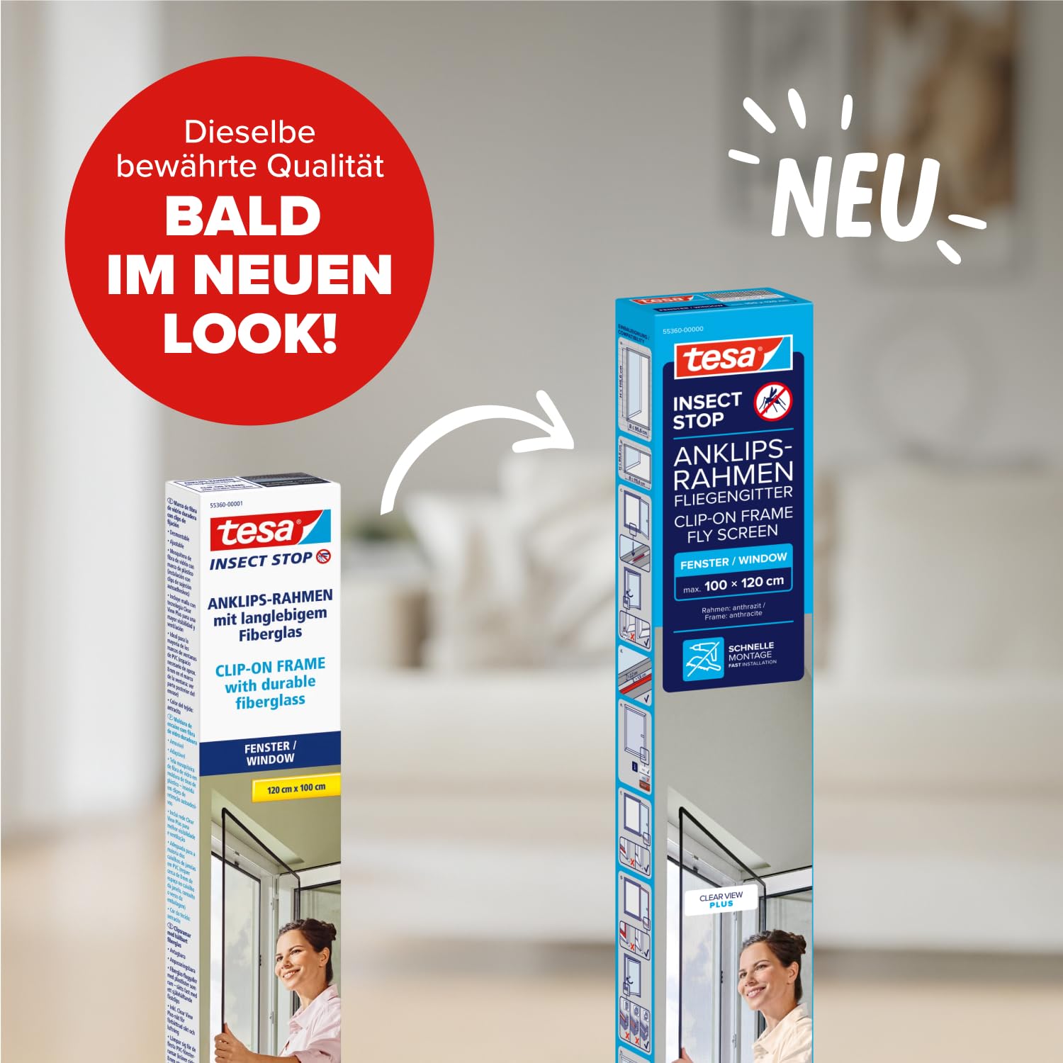 tesa Insect Stop Anklips-Rahmen Fliegengitter für Fenster - für PVC-Fenster - zuschneidbarer Rahmen, Netz aus Fiberglas, Selbstklebende Halte-Klips - 1,0 x 1,2 m - Anthrazit (Durchsichtig)