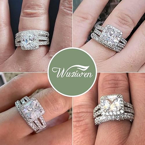Miniatura 7 de Wuziwen Juego de anillos de compromiso de corte princesa para mujer, plata de ley, circonita cúbica