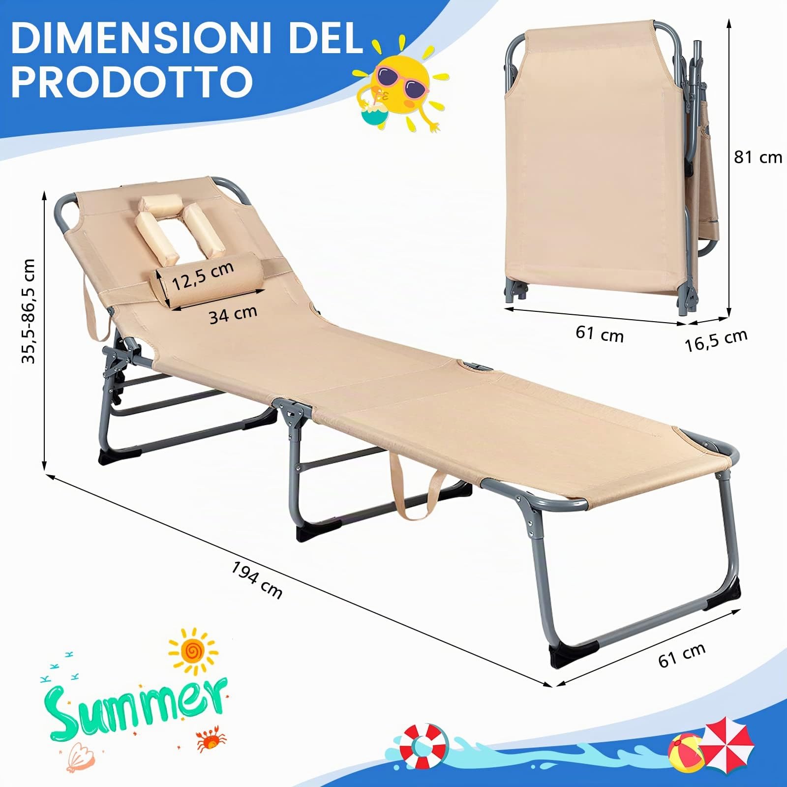 COSTWAY Lettino Prendisole da Spiaggia, Sdraio Mare Pieghevole Leggero con Foro per il Viso e Cuscino, Schienale Regolabile 5 Posizioni, Telaio in Alluminio, per Patio, Piscina e Campeggio (Beige)