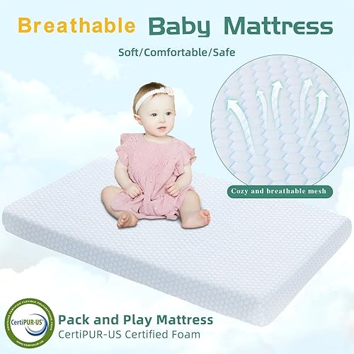 Miniatura 5 de Colchón Pack and Play, colchón de espuma viscoelástica de doble cara de 38 x 26 pulgadas para Pack N Play, con funda extraíble transpirable Pack N