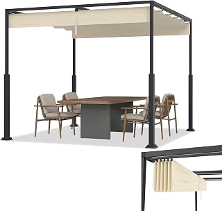 3×3 m Freistehende Metall Pergola Beige mit Schiebedach, wetterfest, Pulverstahl, UV- und wasserdicht, Lamellendach, Winterfest, Sonnenschutz für Garten, Terrasse, Balkon, Partyzelt