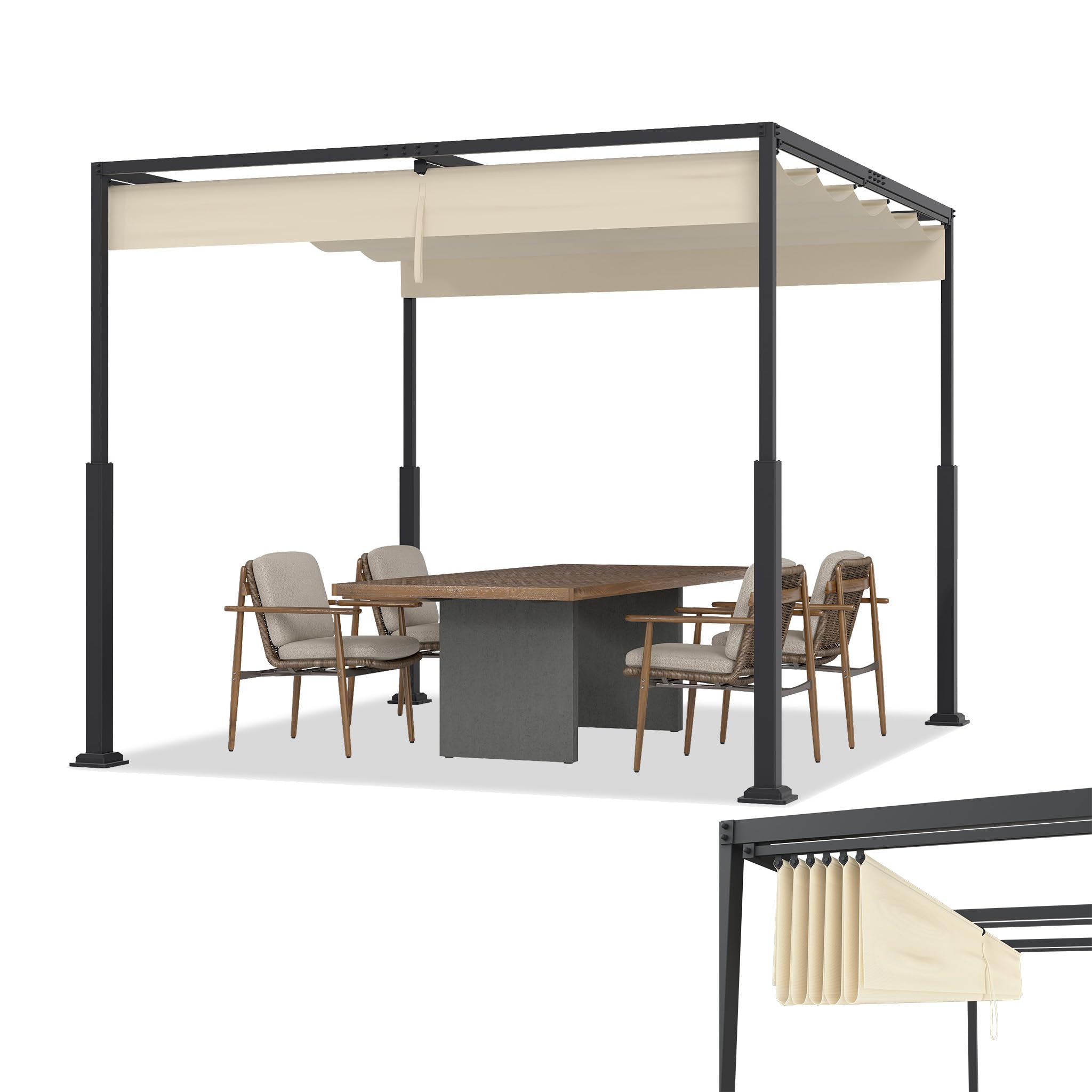 Pergola autoportante en métal beige avec toit coulissant