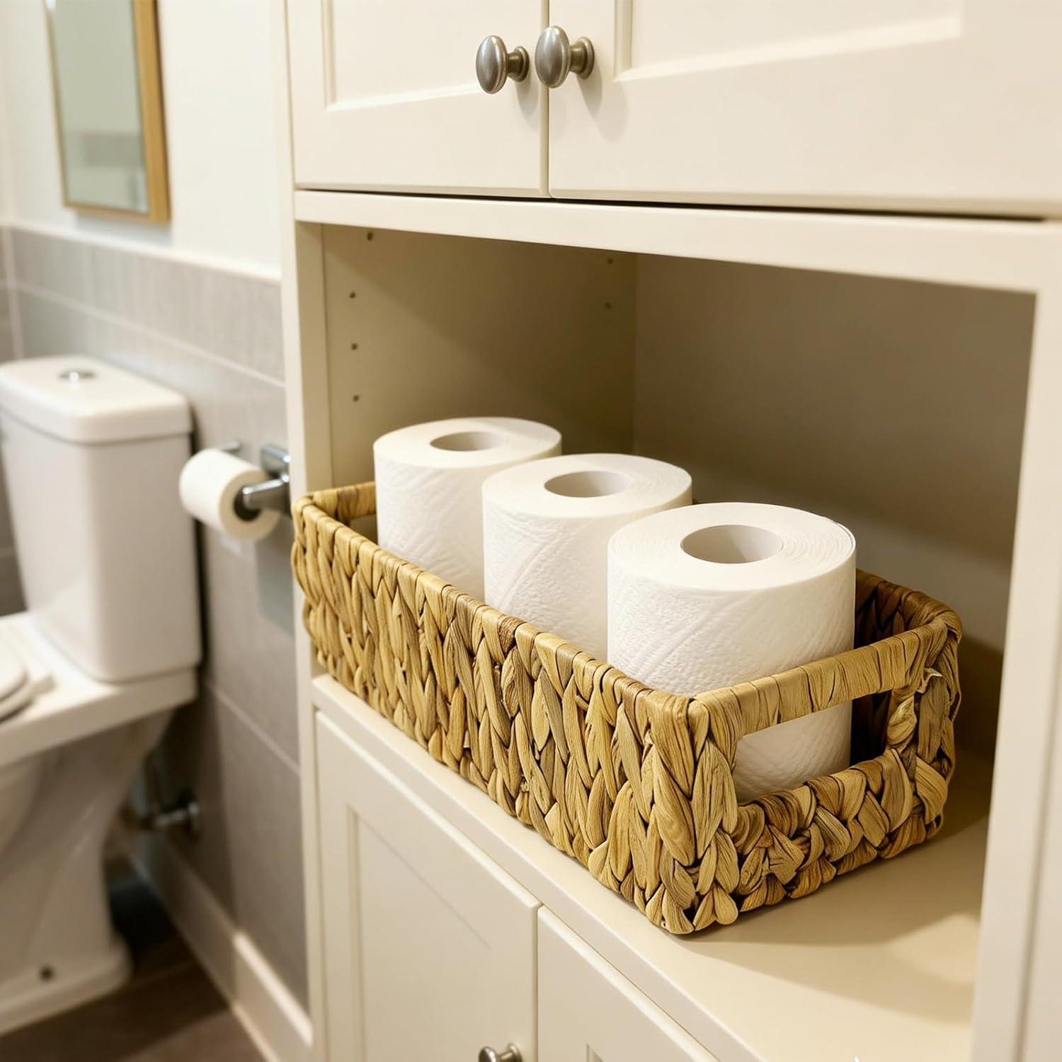 Water Hyacinth Woven Storage Basket with Handles, Handwoven Rectangular Toilet Tank Basket for Living Room, Bathroom, Over Toilet Shelf, Natural Set 2