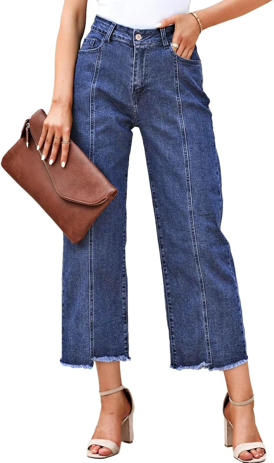 Sidefeel Women’s Jeans High Waisted Wide Leg Loose Fit Straight Leg Zimbaplatinum Cropped Denim Pants