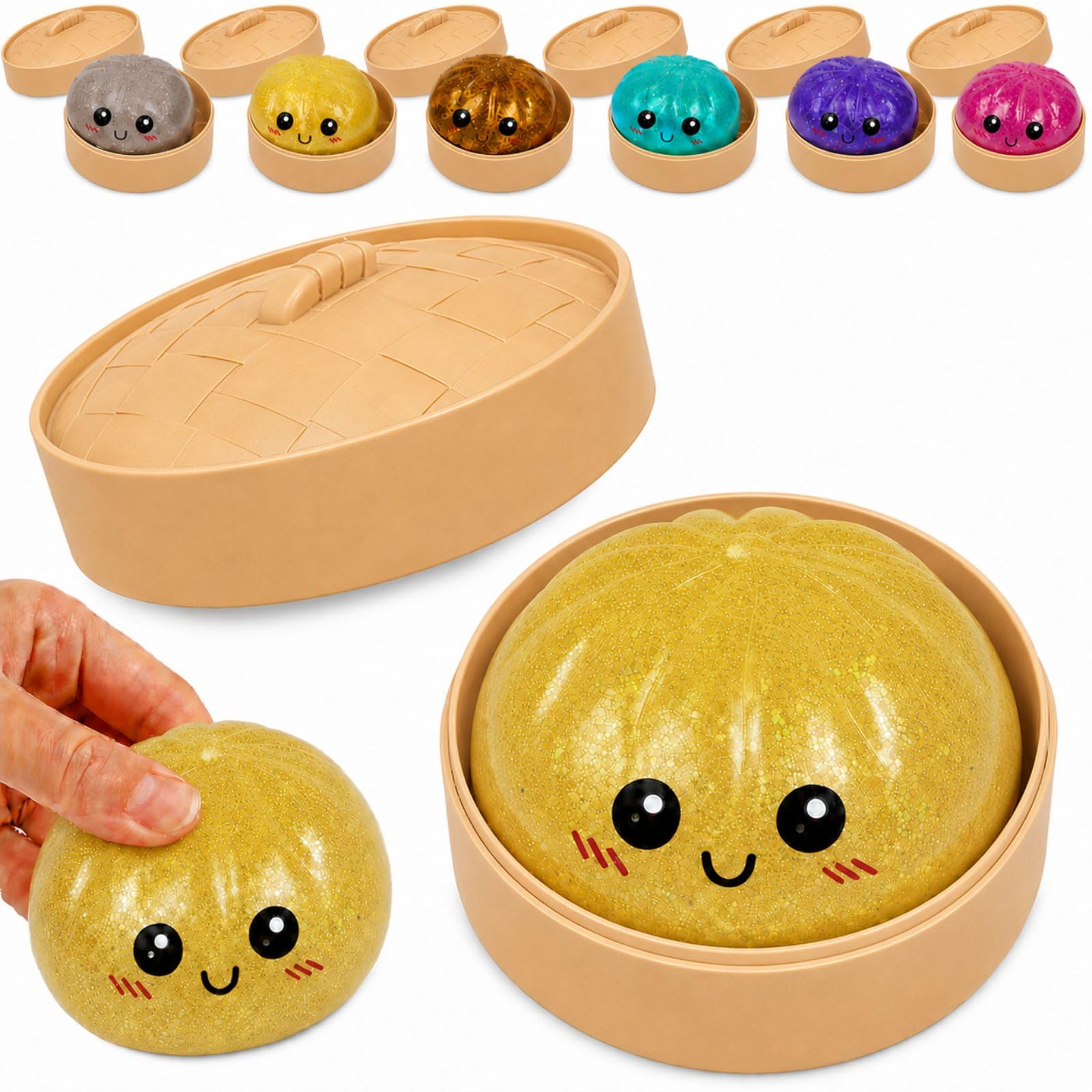 DJMYJT Glitter Dumpling Soft Squeeze Sensory Ornament, Slow Rising Dumpling Squishy for Stress Relief, with Mini Steamer Basket,Sparkling Novelty GIF (yellow)