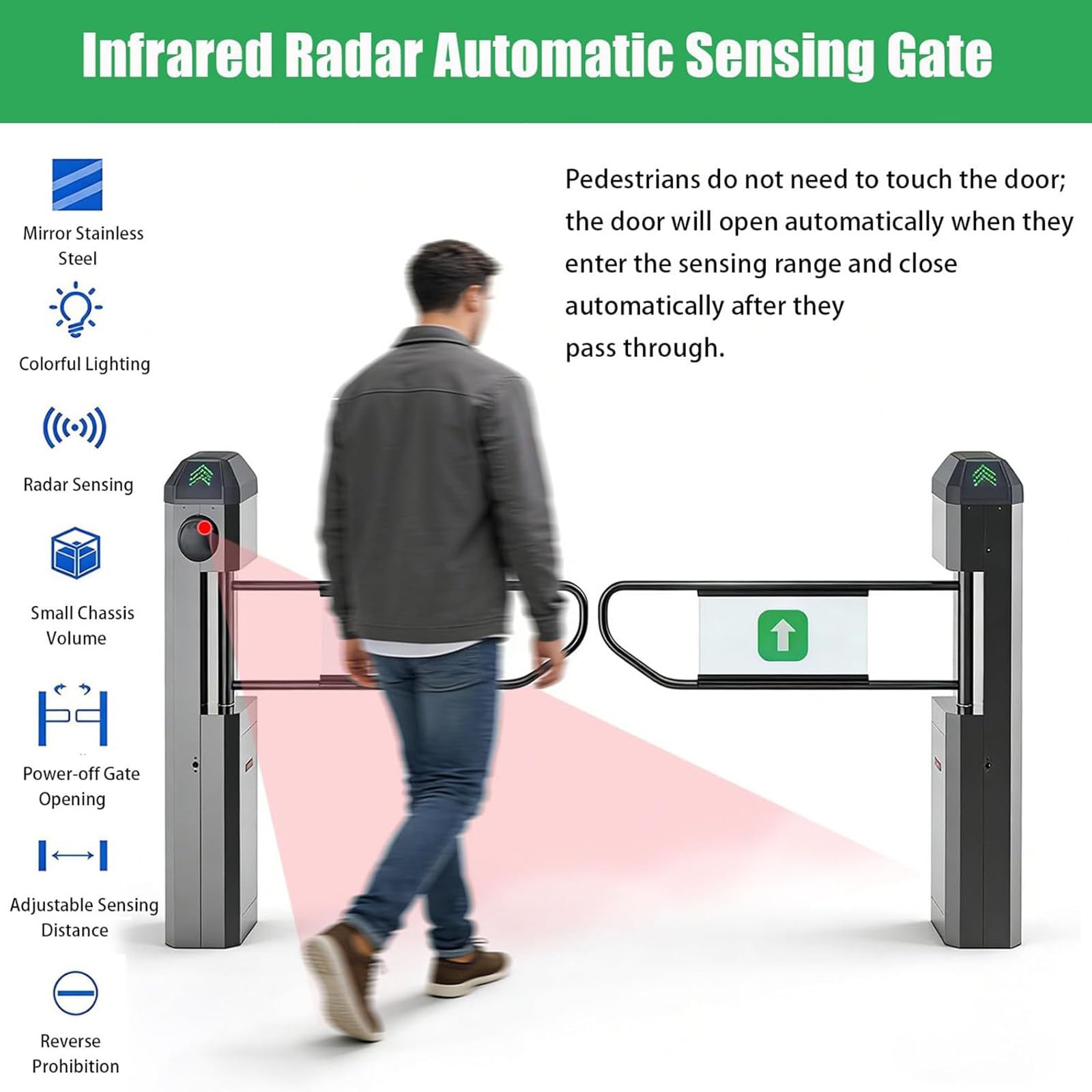 Puerta batiente automática con Radar infrarrojo para supermercados, sensibilidad Ajustable, Luces de Estado de 3 Colores e indicaciones de Voz. Titanium-platedversion