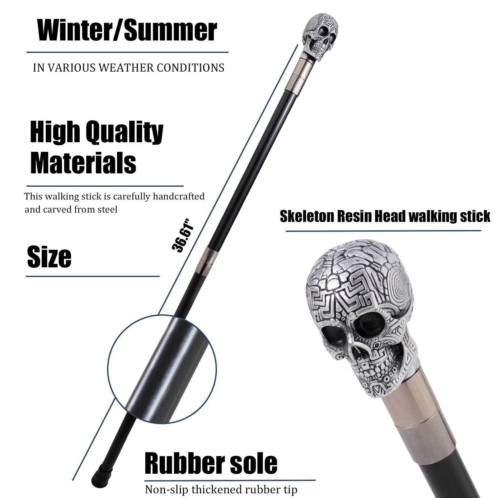 Bastón de Paseo de Resina con Empuñadura de Calavera, Bastón Elegante Desmontable en 2 Tramos para Hombre y Mujer, Cetro Antideslizante para Cosplay y Fiestas Vintage 93 Cm(Silver)