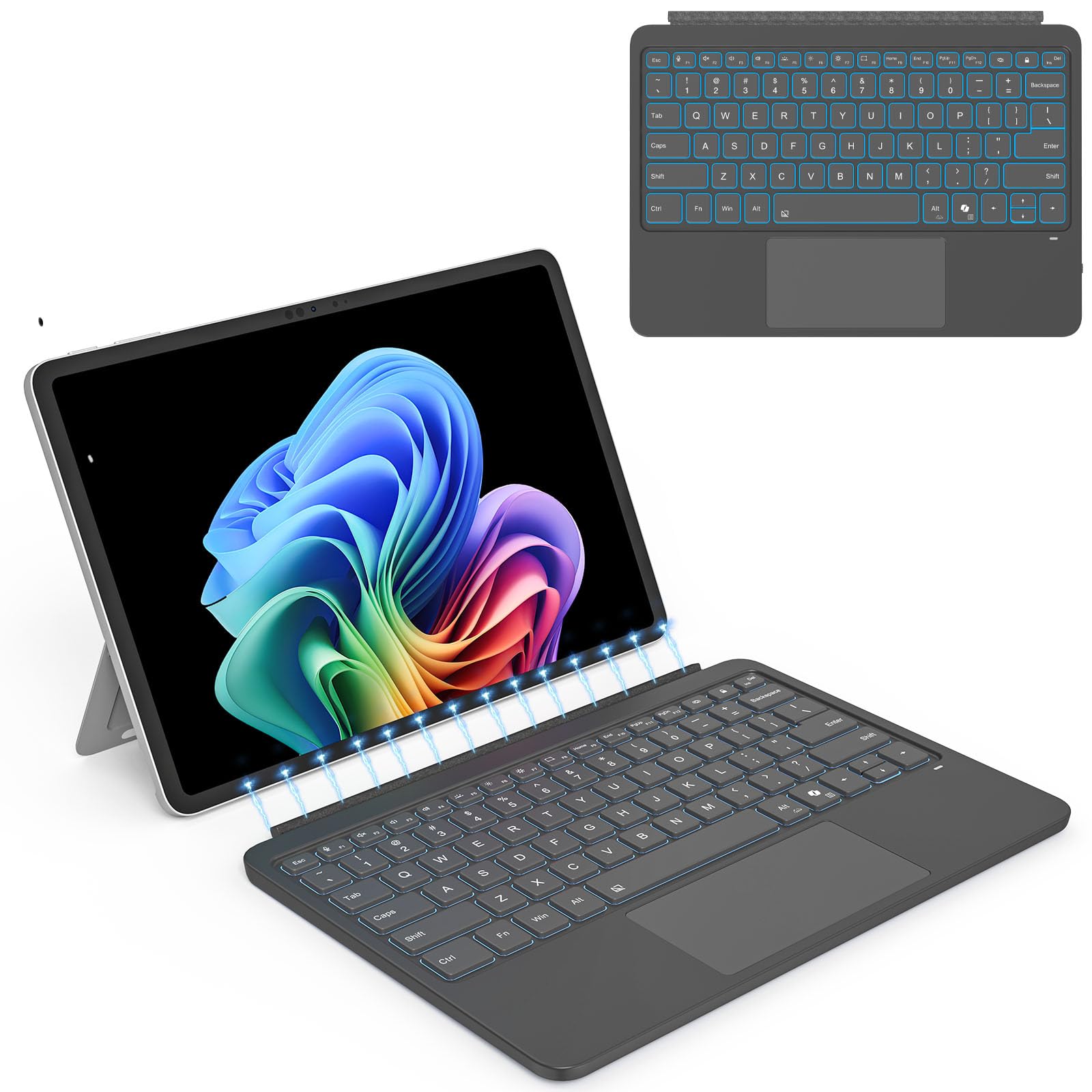 Keyboard for Microsoft Surface Pro 12 inch (2025), Bluetooth Wireless Magnetic Keyboard with Multi-Touch Trackpad, Rechargeable Battery, 7-Color Backlit, Smart Sleep/Wake (Gray)-image-9