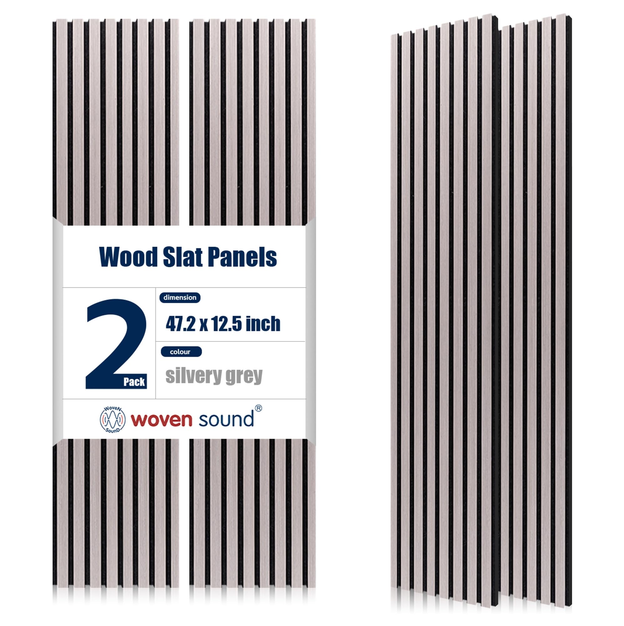 Woven Sound Wood Panels for Wall, Functionality and Durability, Enhanced Acoustic & Sound Proof Fluted Design, Versatile Wood Slat Wall Decor for Home & Office, 2 Pack Silver Gray, 47.2x12.5 Inch