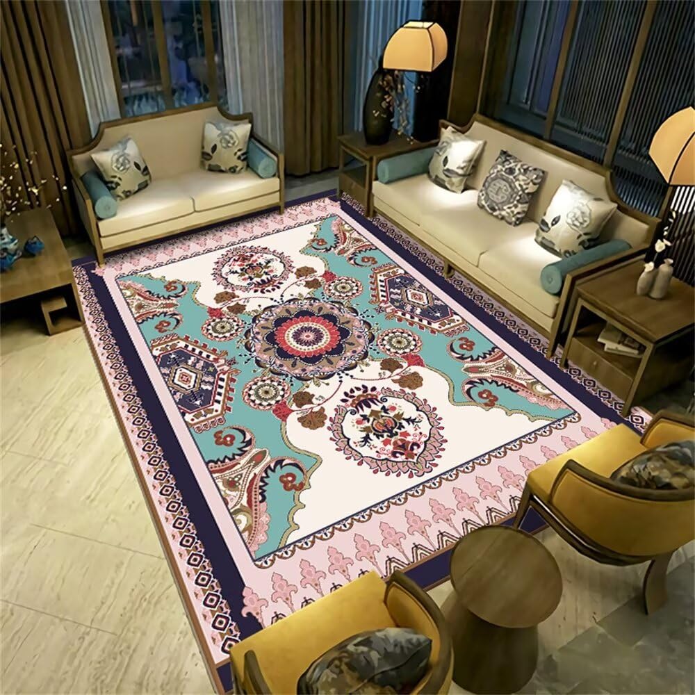 Tapis de salon bleu 200x250cm lavable à motif floral vintage rose