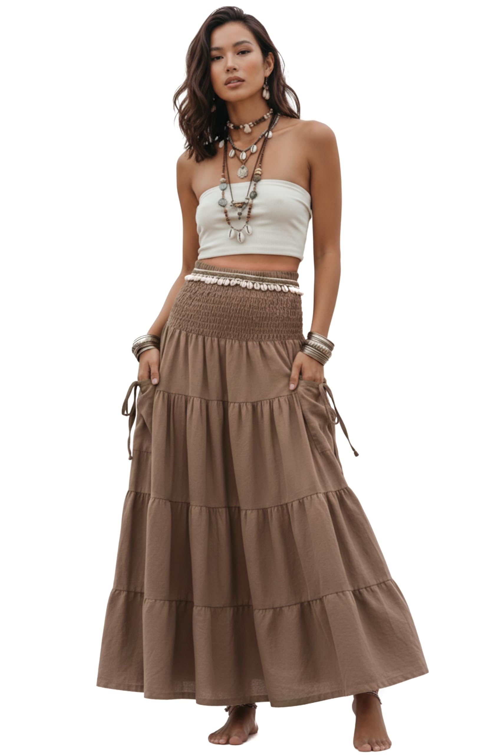 Thaluta Maxi Boho Skirt Long Pockets Cotton Hippie Bohemian Elastic Waist Gypsy Skirt, Desert Orchid, One Size
